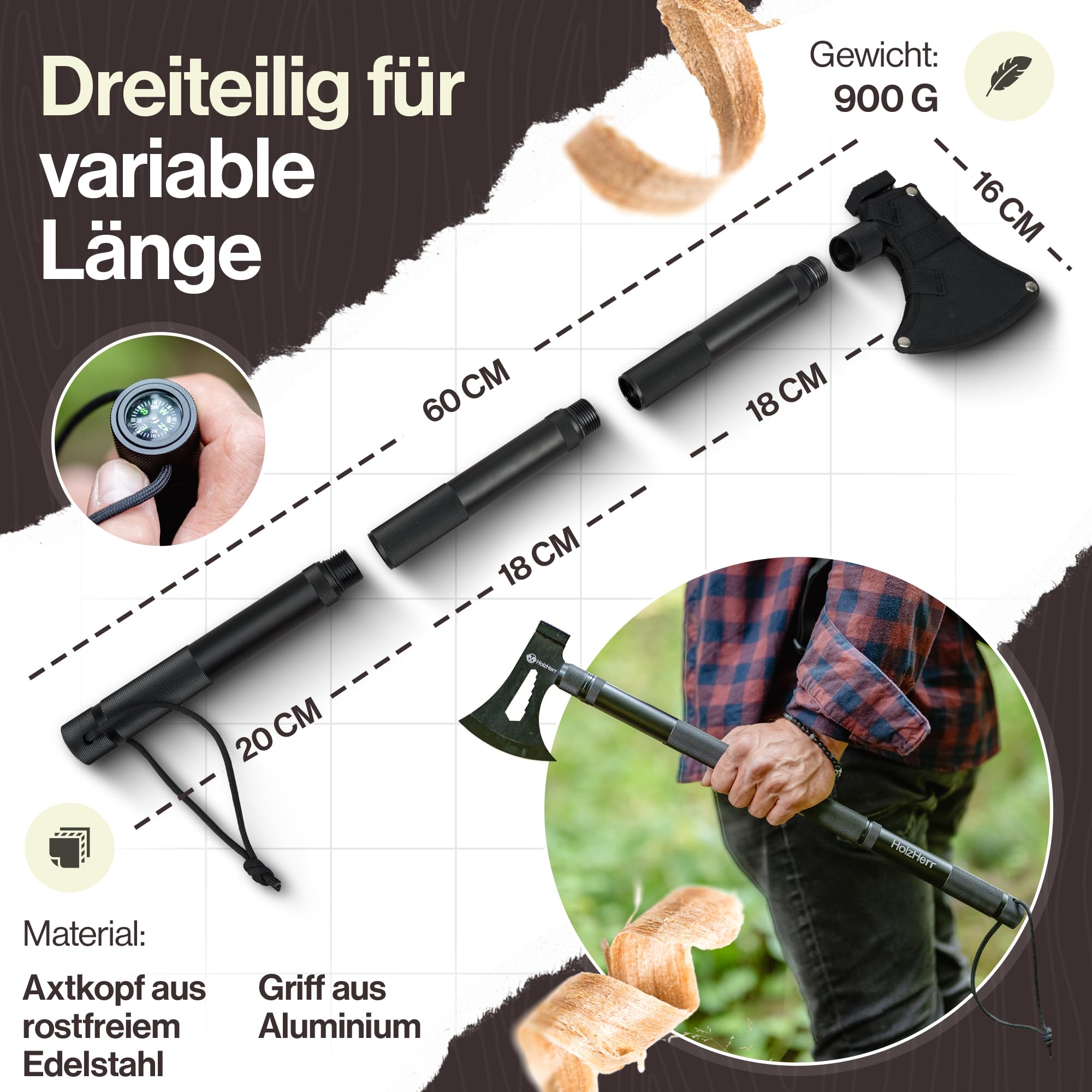 Spaltaxt 60 cm | Verlängerbarer Griff, Edelstahl-Kopf, Outdoor, Garten, Feuerholz, Spaltbeil & Handbeil, Campingaxt