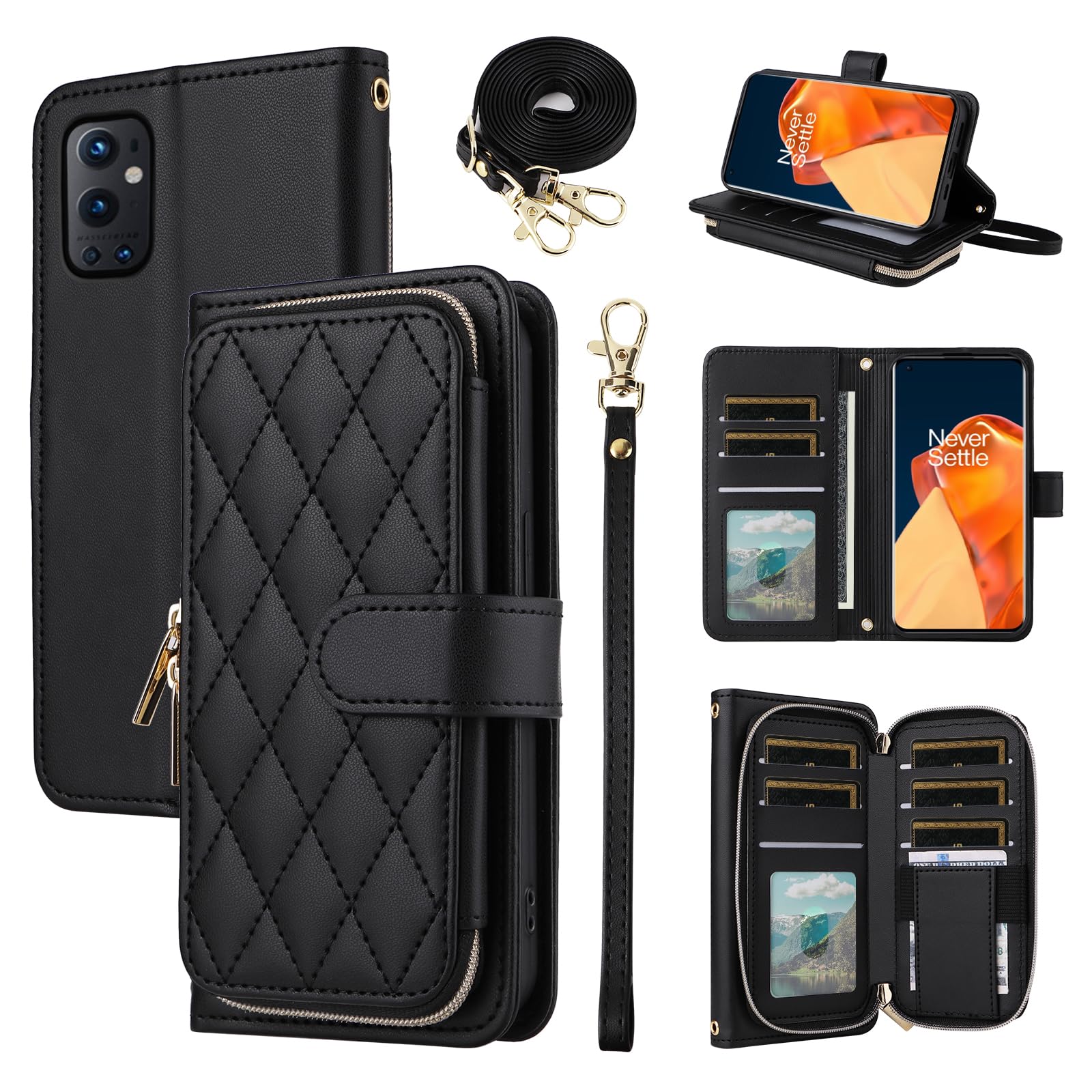 Furiet Argyle Wallet Case for OnePlus 9 Pro One Plus 9Pro 5G with Wrist Strap Shoulder Strap, 9+ Card Slots Zipper Purse Stand Checkered Cell Phone