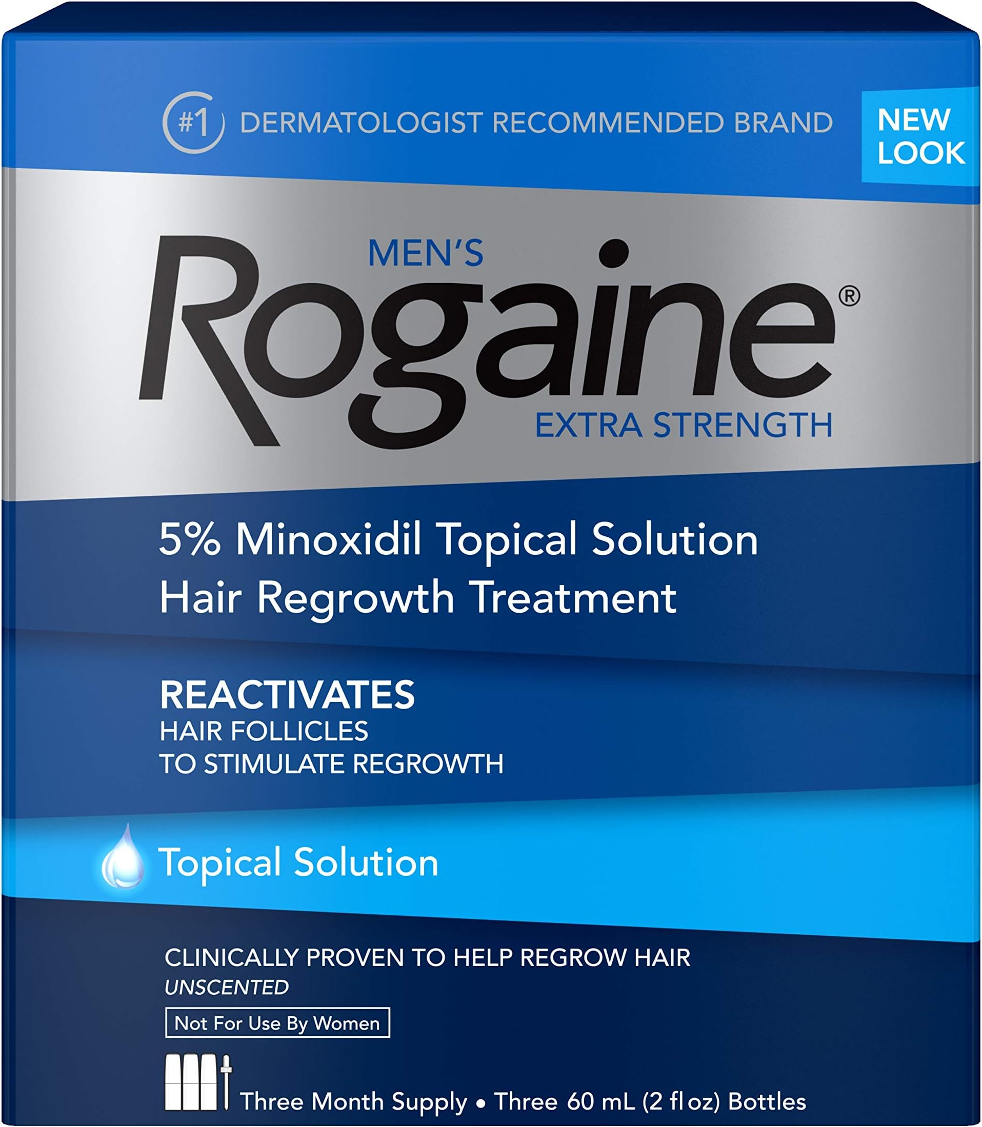 Men's Rogaine Extra Strength 5% Minoxidil Topical Solution for Hair Loss and Hair Regrowth, Topical Treatment for Thinning Hair, 3-Month Supply