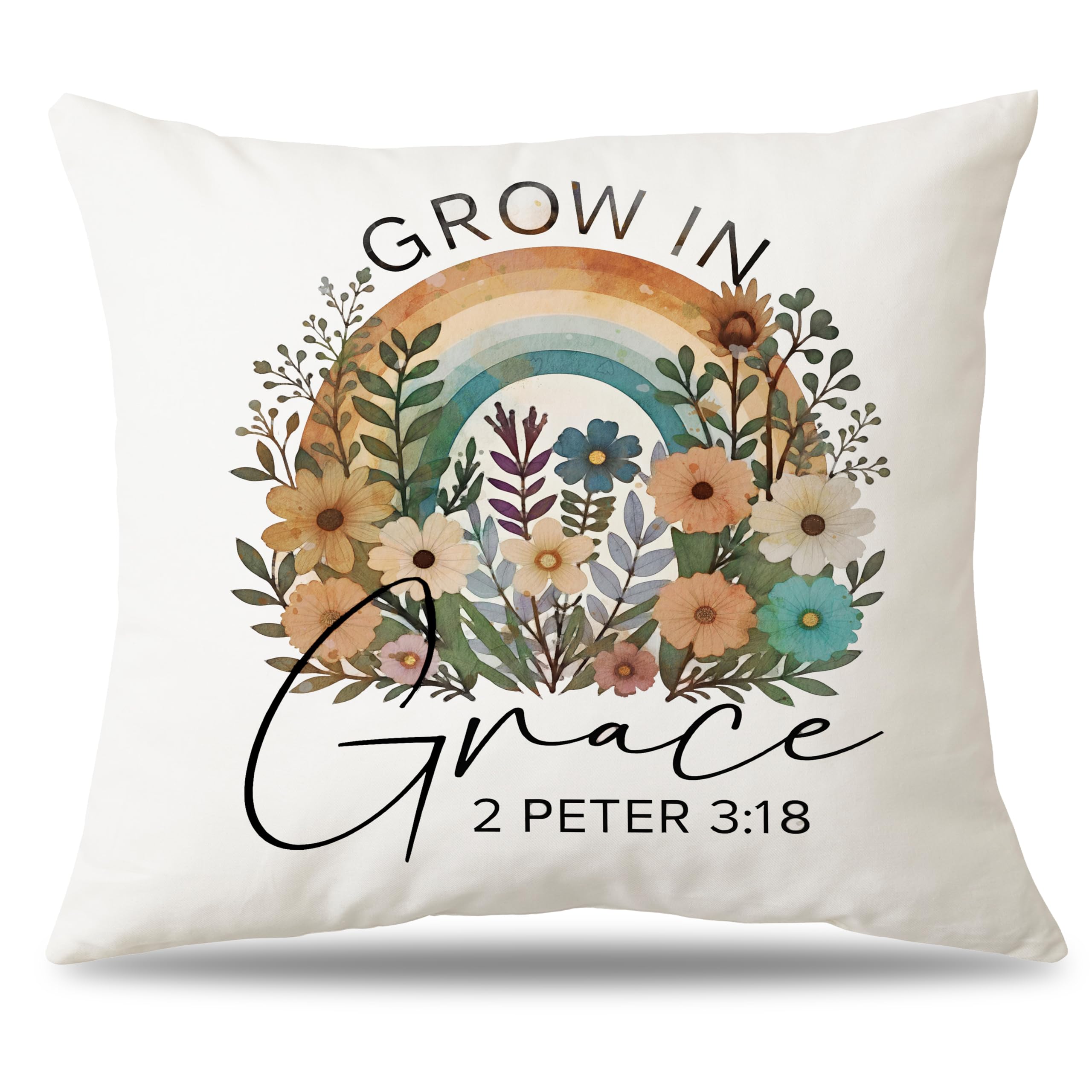 Grow in Grace 2 Peter 3:18 Pillow Cover 18x18 Inch | Floral Rainbow Christian Decor, Inspirational Bible Verse Gift for Women, Baptism &amp; Prayer Room