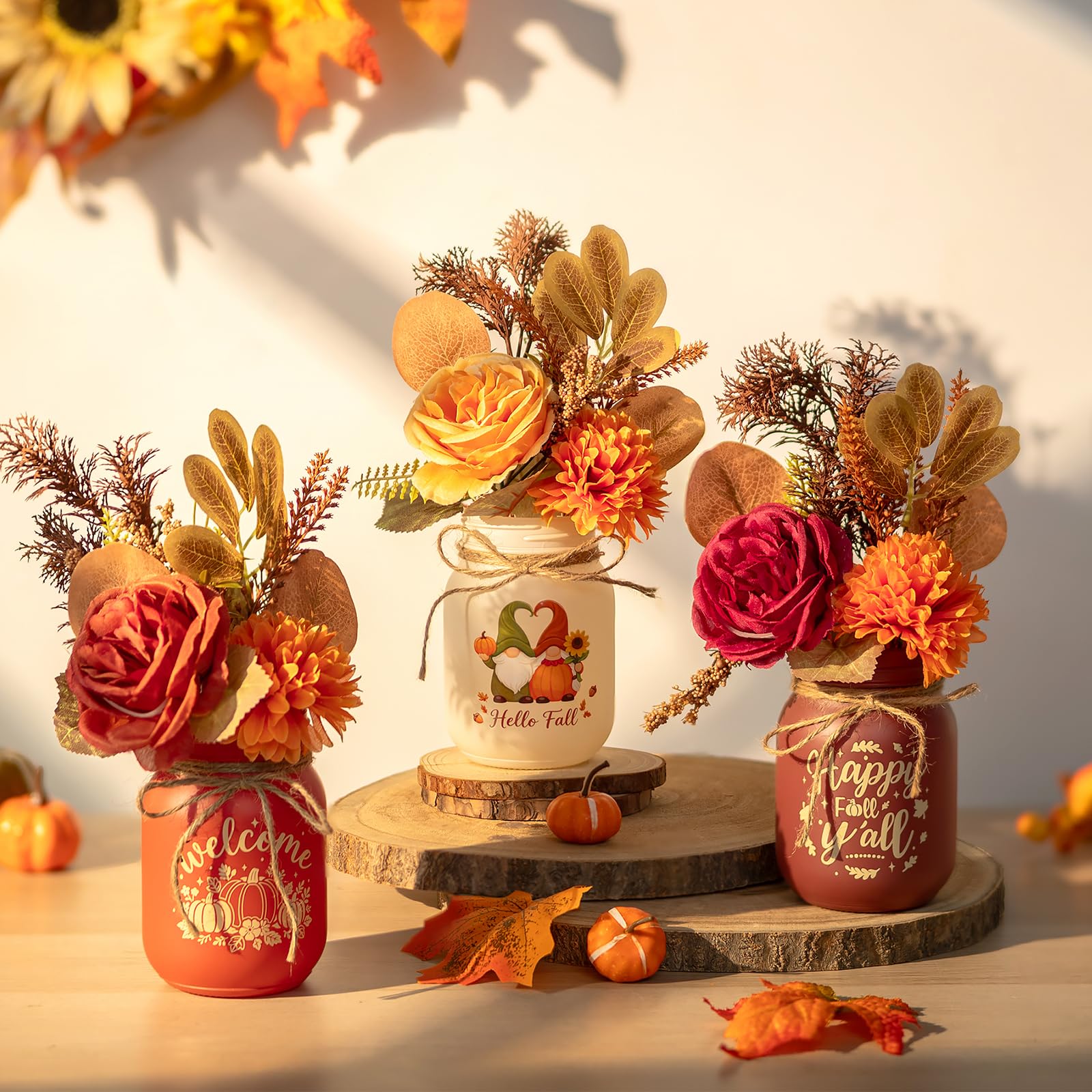 Glasseam Autumn Vase for Table Decor: Fall Mason Jar Glass Vase with Floral