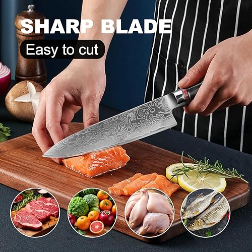 Miniatura 6 de Cuchillo de chef de Damasco de 8 pulgadas, hoja forjada a mano de 67 capas, certificado NSF, mango de madera de Pakkawood, caja de regalo (62 HRC)