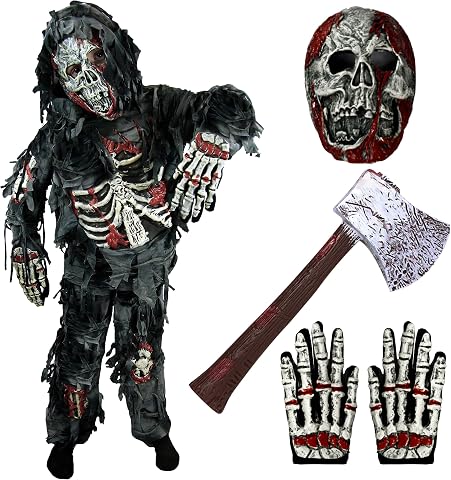 Zombie Costume for Kids, 5-Piece Deluxe Halloween Costume Set for Boys
