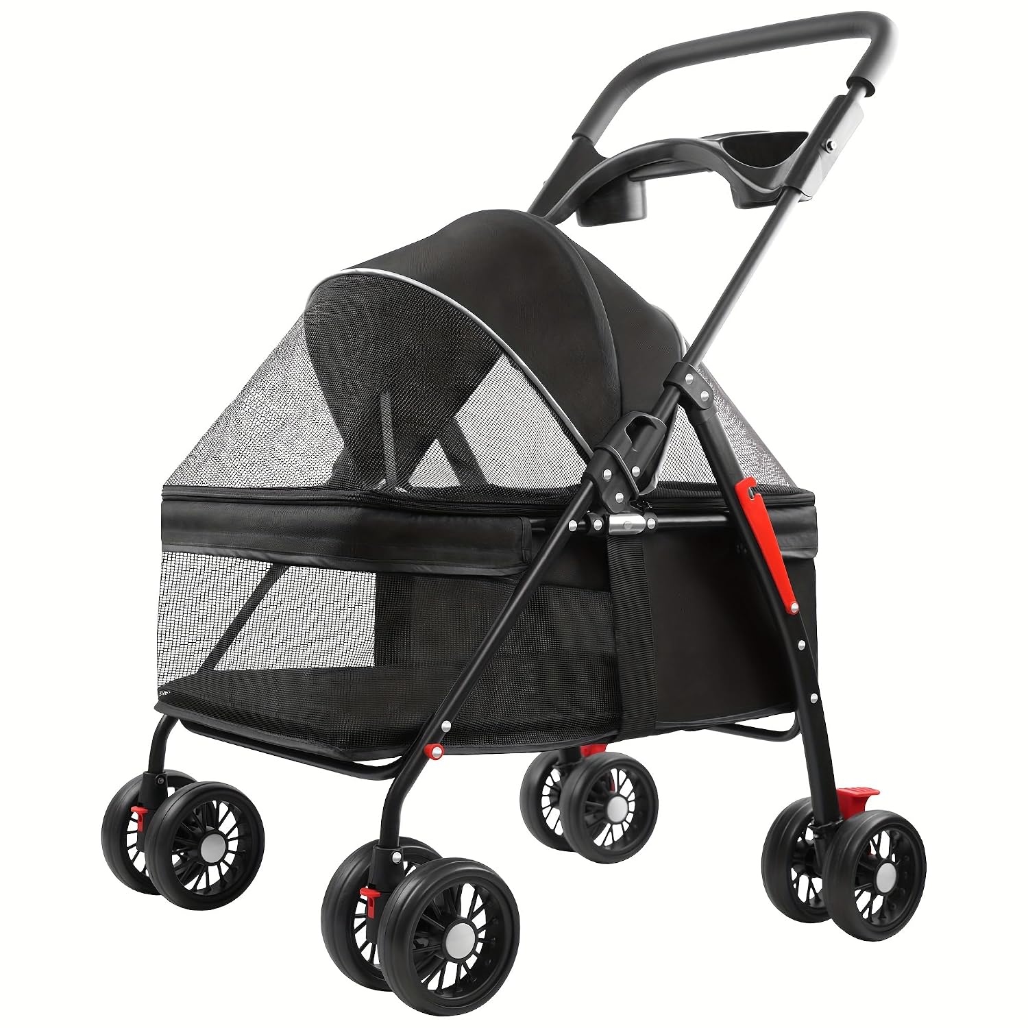 4-Wheel Foldable Pet Stroller with Spacious & Breathable Design, Spring Shock-Absorbing Wheels, Cup Holder & All-Terrain Tires - Heavy-Duty Iron Frame & Pet-Friendly Material, Adjustable Canopy