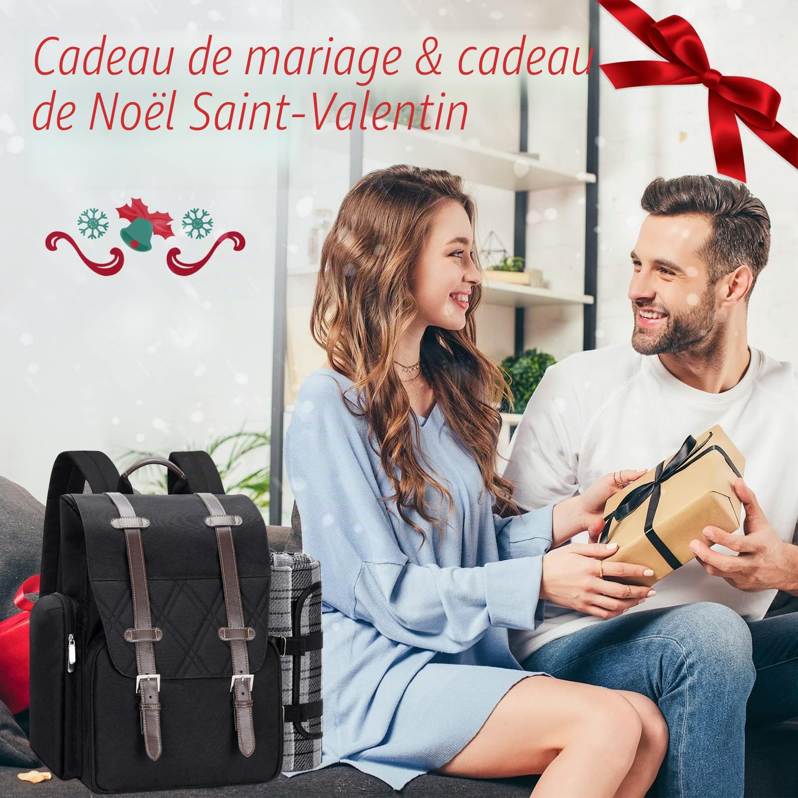 Sac à dos de pique-nique pour 4 personnes avec grand sac isotherme, panier de pique-nique avec pochette à vin, couverture de pique-nique imperméable et ensemble de couverts. Parfait pour la plage, le