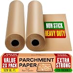 Papier Parchment Non Blanchi pour Cuisson – 2 Paquets 520 pi² au Total - Rouleau de Papier de Cuisson 15 po x 210 pi avec Coupeur, Parchment Brun Antiadhésif pour Cuisson, Cuisine, Grillade, Vapeur par Baker’s Signature