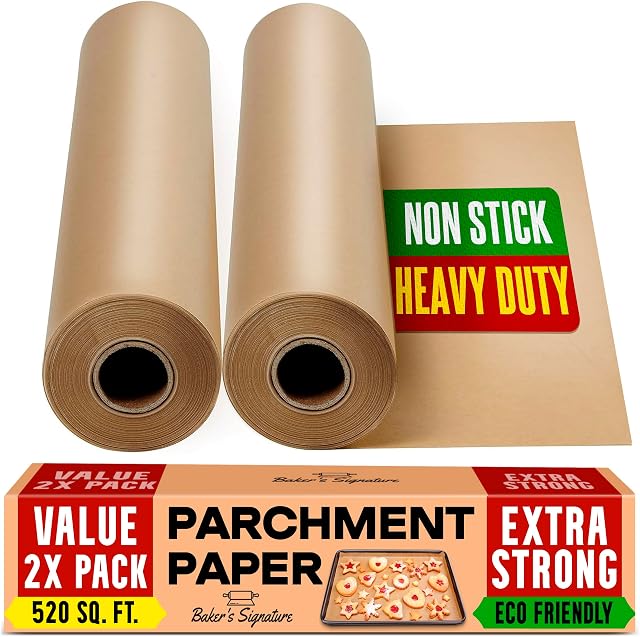 Papier Parchment Non Blanchi pour Cuisson – 2 Paquets 520 pi² au Total - Rouleau de Papier de Cuisson 15 po x 210 pi avec Coupeur, Parchment Brun Antiadhésif pour Cuisson, Cuisine, Grillade, Vapeur par Baker’s Signature