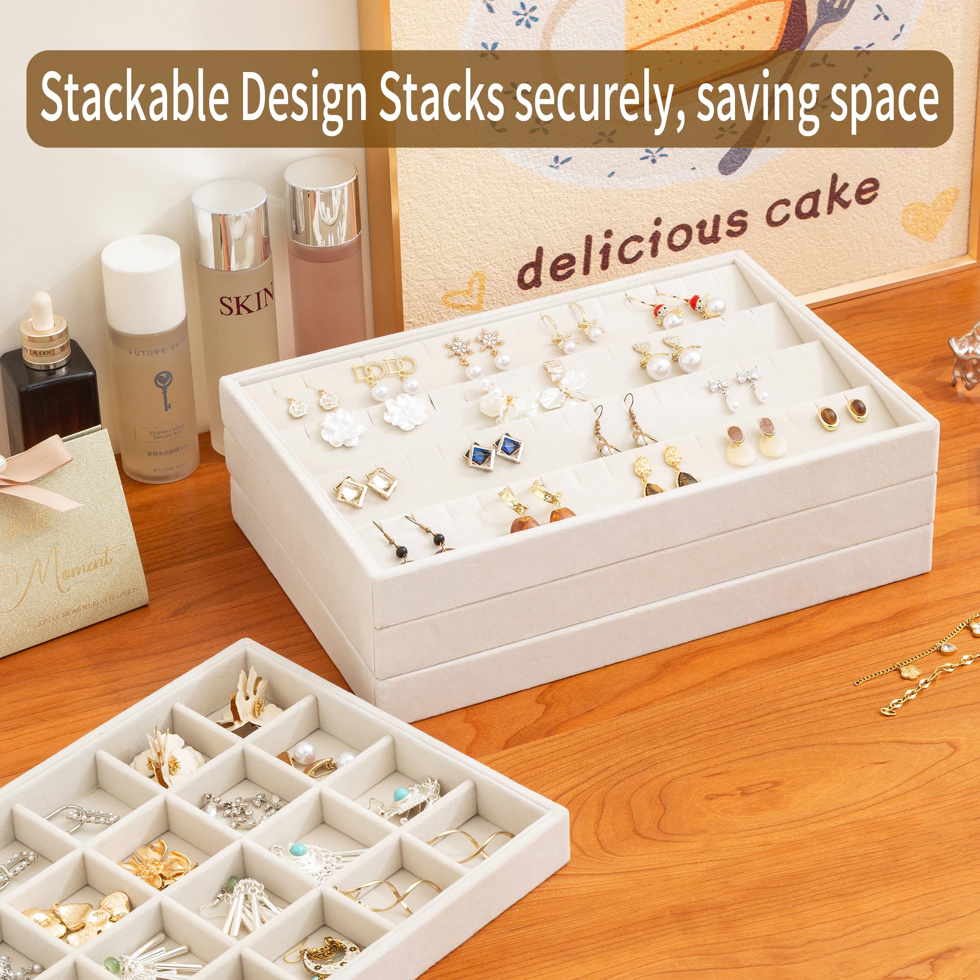 Frebeauty Organizadores de joyas apilables en terciopelo, set de 4 | Bandeja para joyas para cajones: almacenamiento apilable para pendientes (tipo botón), pulseras, collares y anillos