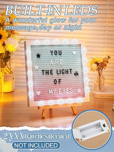 Miniatura 20 de Tablero de letras iluminado con luces LED, tablero de mensajes intercambiable de fieltro de 10 x 10 pulgadas con marco romántico, letras precortadas