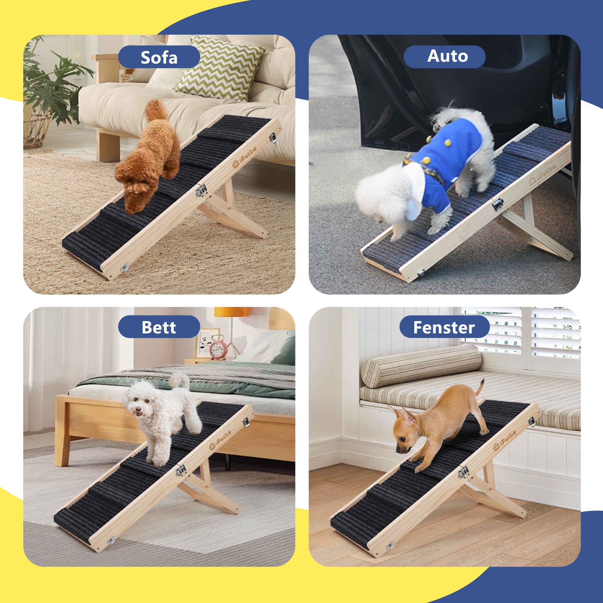 Hunderampe für Sofa und kleine Hunde bis 16 kg, Rampe für Couch und niedrige Möbel, aus Holz, höhenverstellbar, klappbar, rutschfest