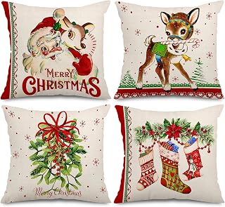Whaline Christmas Pillow Cases Vintage Red Green Watercolor Throw Cushion Cover Linen Holiday Decorations Xmas Rustic Throw Cushion Case for Sofa Couch Home Office Decorations, 18x18inch, Set of 4