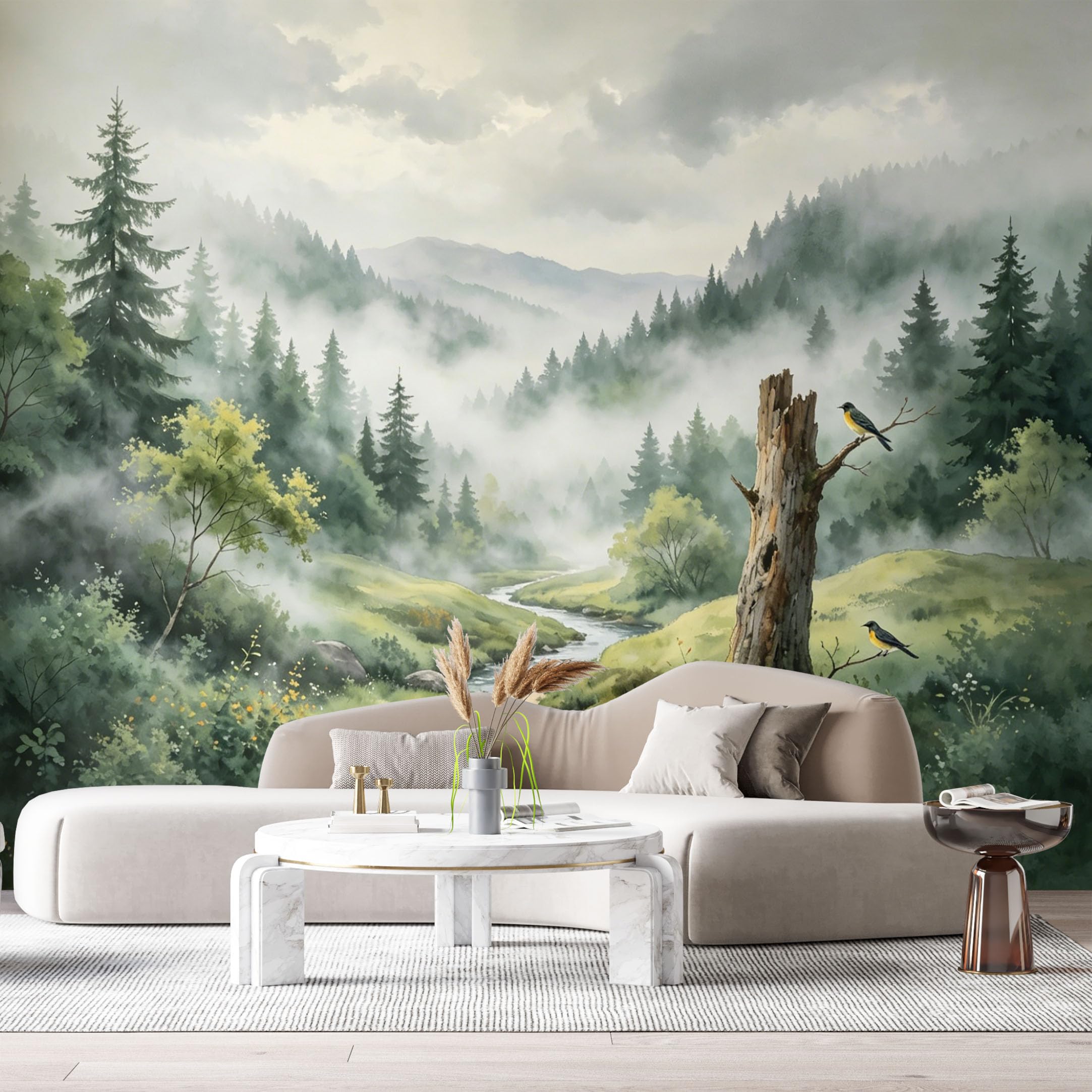 Custom Size Wall Murals Misty Forest River Landscape Watercolor Style Birds on Tree SelfAdhesive Wall Fabric Removable Large Wallpaper for Photo Living Room
