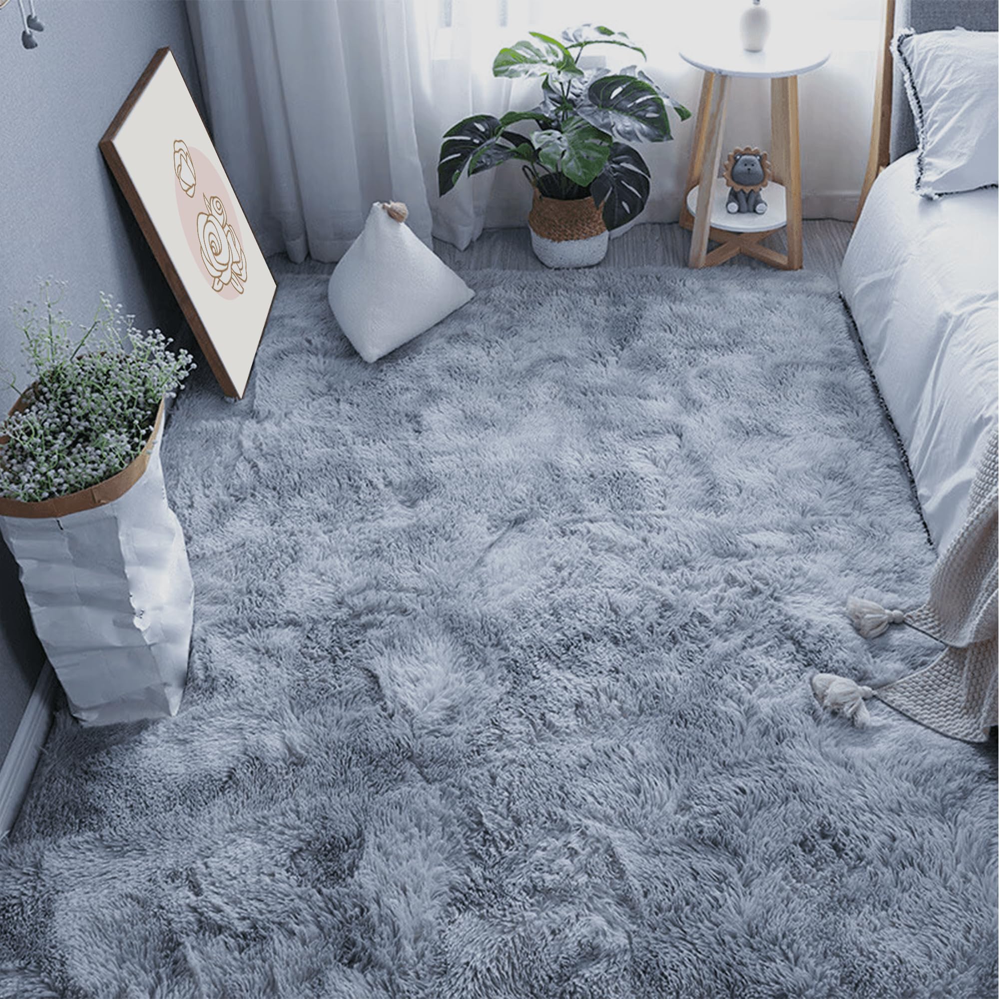 Tapis de salon gris clair 120x120 cm shaggy à poil long