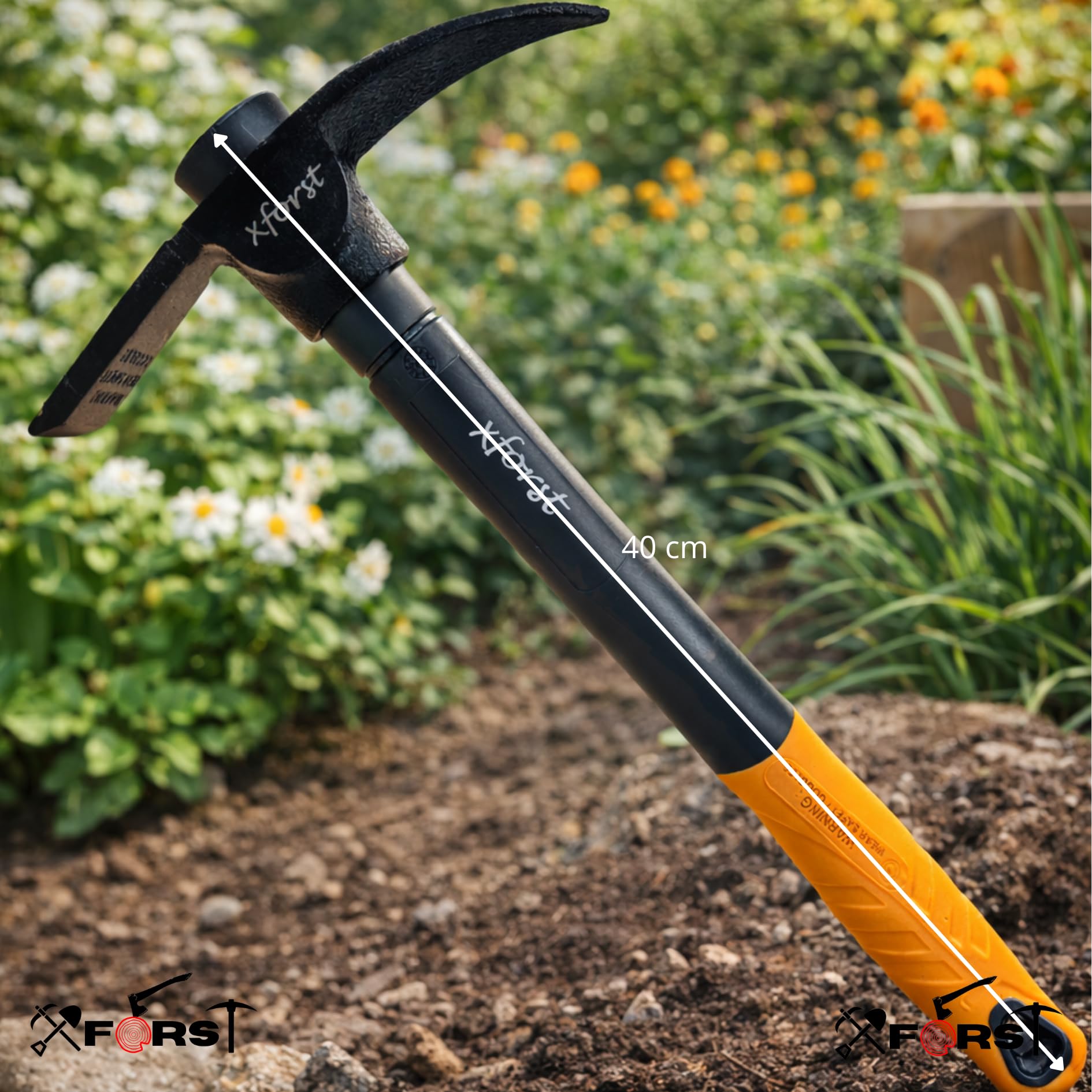 Xforst Piccone da Giardino 2 in 1 – Mini Piccone e Zappa 40 cm, Manico in Fibra di Vetro e Testa in Acciaio Trattato Termicamente – per Giardinaggio, Campeggio e Metal Detector – X-PF6