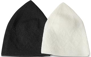 Islamic Muslim Knitting Kufi Topi Prayer Hat Crochet Taqiyah Takke Skull Cap For Prayer Namaz, Ramadan gift (White,Black)