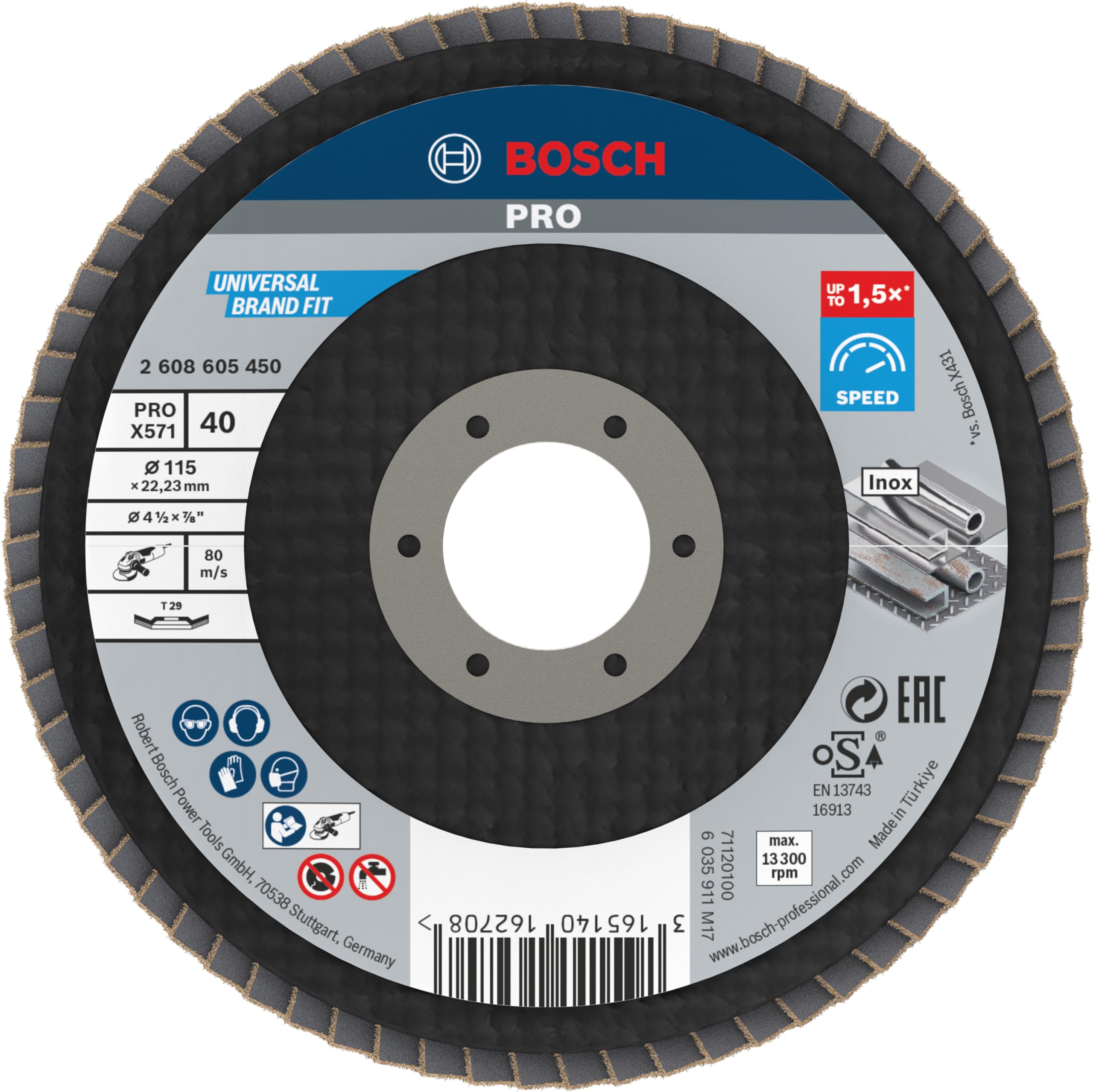 Bosch Black/Brown 1X Pro Metal X571 Flap Disc Angled Version Fiber For Small Angle Grinders (For Steel, Stainless Steel, Ø 115 Mm, Grit 40, Professional Accessory Small Angle Grinder)