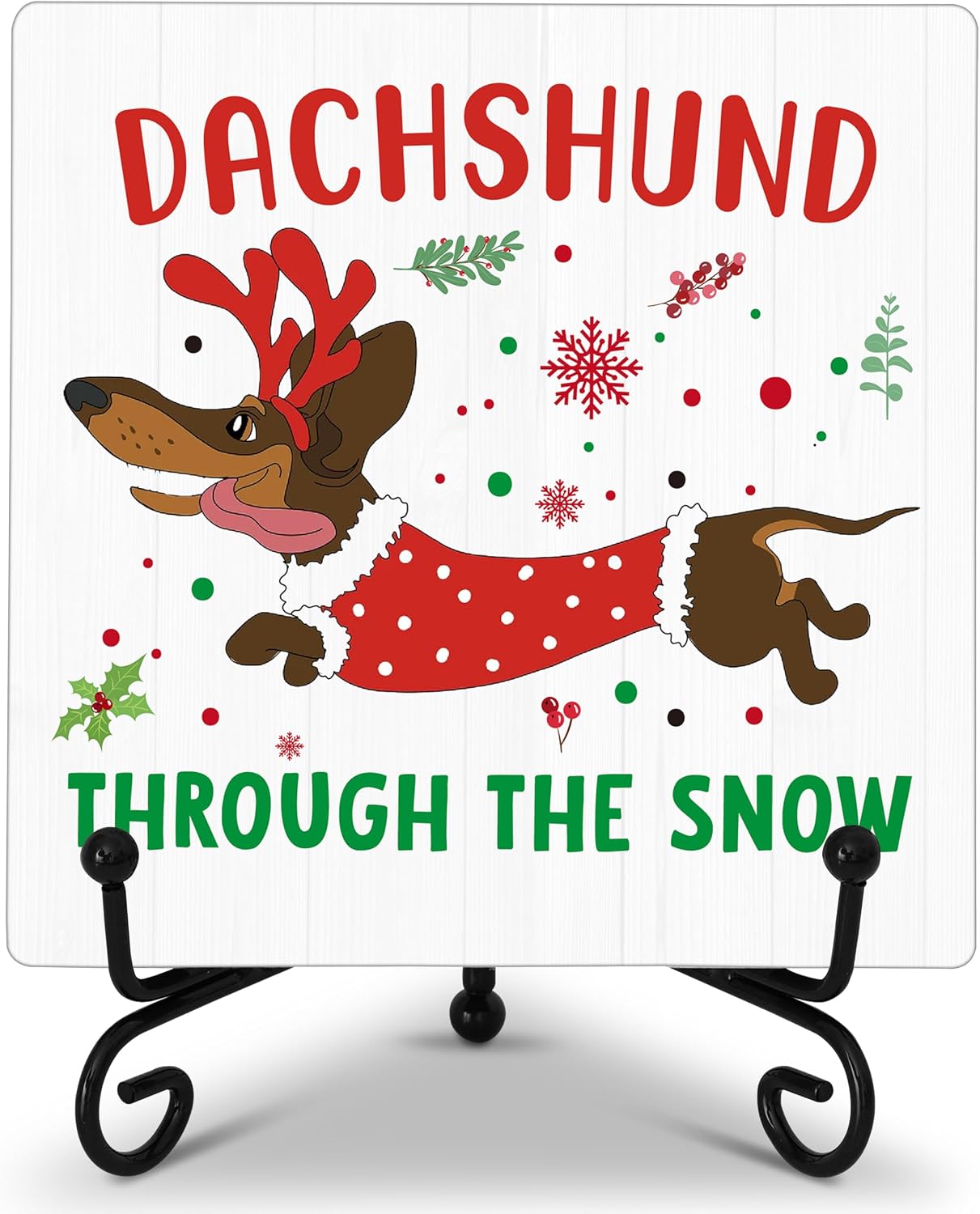 Cute Christmas Dachshund Wooden Decor, Christmas Decorations for Home Bedroom, 5x5 Inches Xmas Tree Sign with Iron Stand, Dog Lover Birthday New Year Gifts-G14