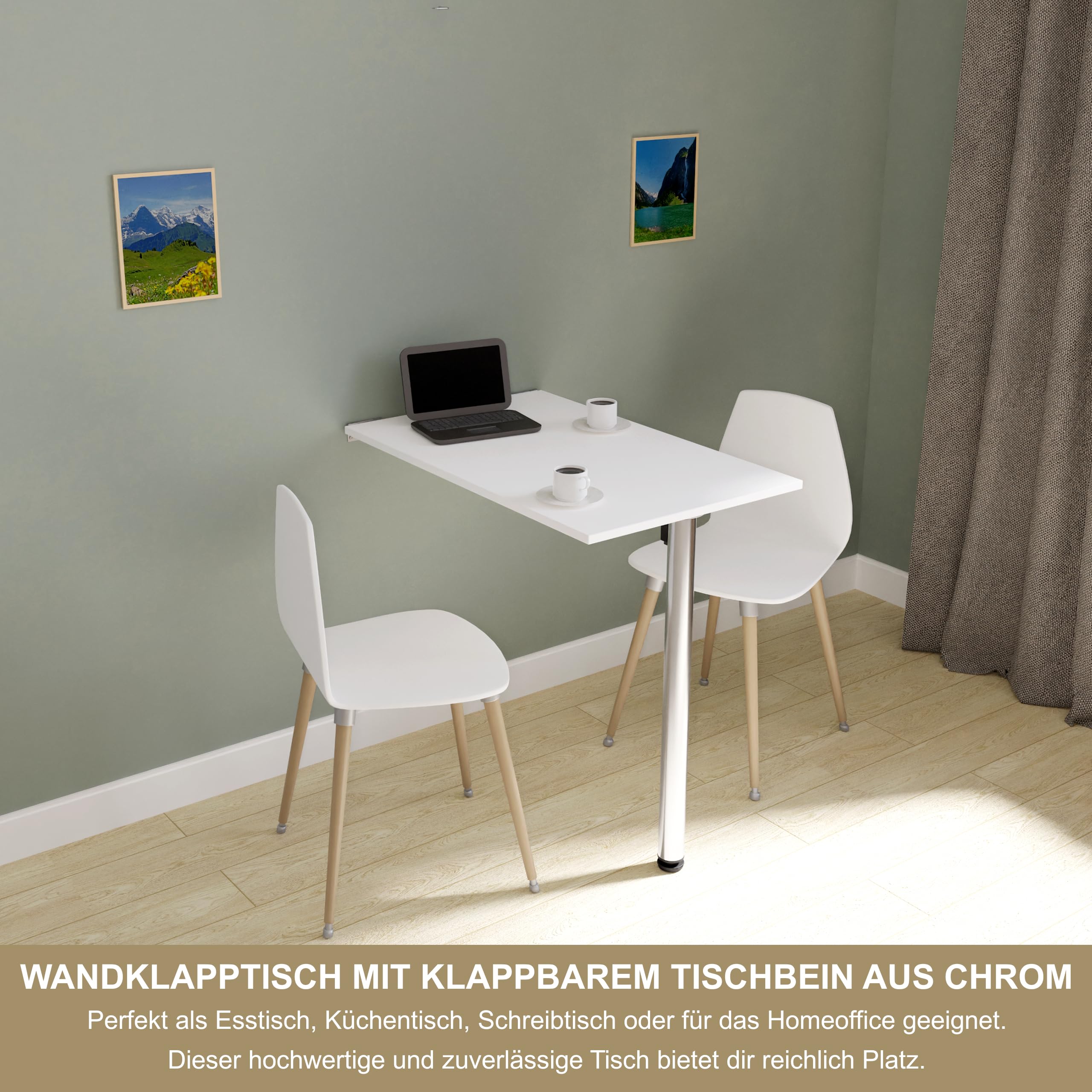 KDR Wandklapptisch 80x50 cm Weiß – Klapptisch mit Tischbein in Chrom zur Wandmontage – als Esstisch, Schreibtisch oder Küchentisch – Höhe 74 cm