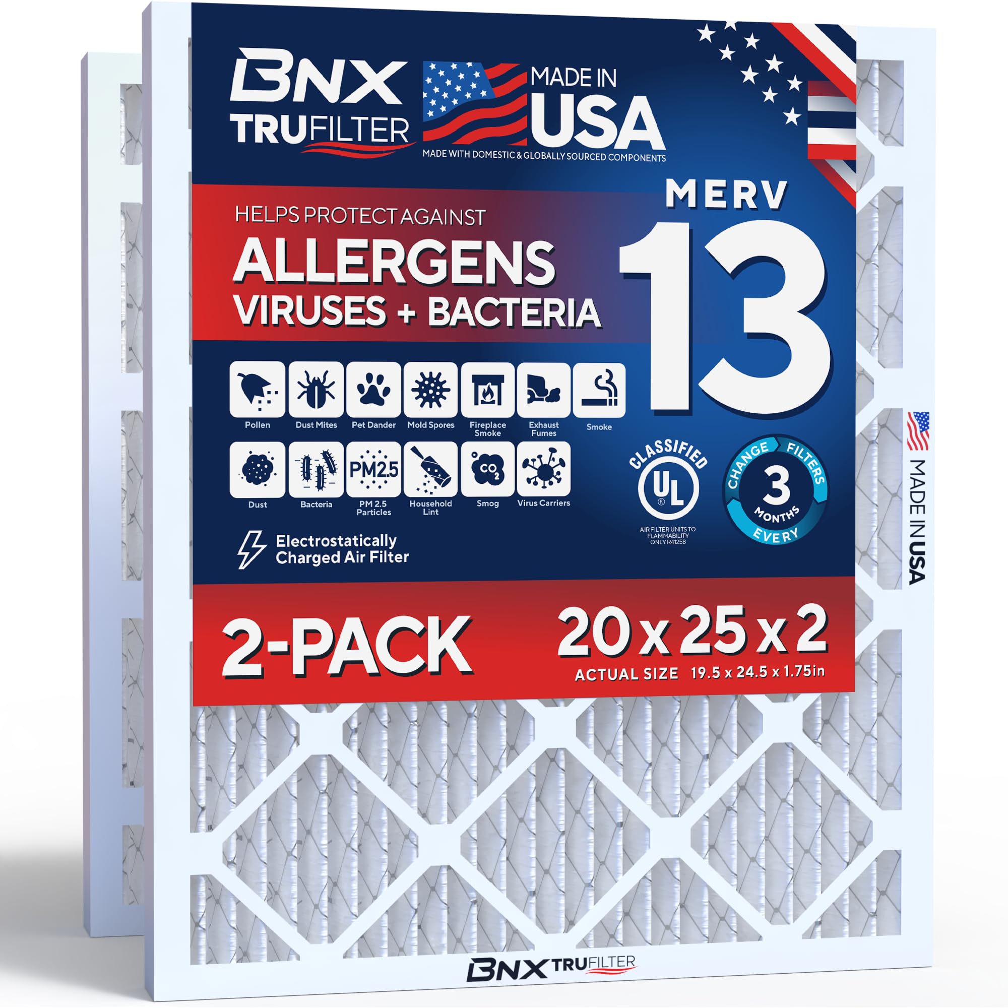 BNX TruFilter 20 x 25 x 2 MERV 13 (2er-Pack) AC-Ofen-Luftfilter – hergestellt in den USA – elektrostatisch plissierte Klimaanlage HVAC AC Ofenfilter – entfernt Pollen, Schimmel, Bakterien, Rauch