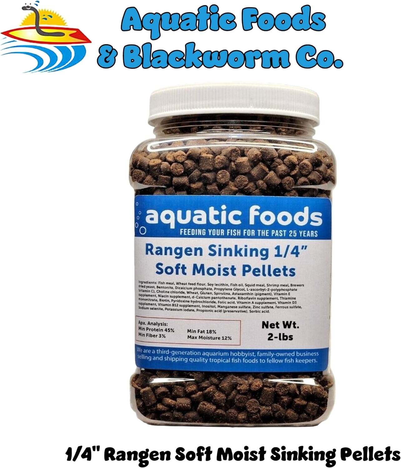 Aquatic Foods Inc. 1/4" Soft Moist Sinking Salmon Pellets for Adult Axolotls, Shrimp, Snails, Crabs, Small Amphibians, Bottom Tropical Fish ...2-lb Med Jar