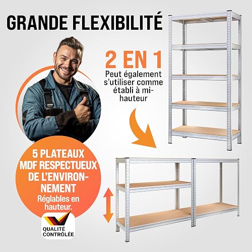 Monzana® 2x 5 Tier Heavy Duty Garage Shelving Unit 180x90x40cm Shed Racking Galvanised Steel Metal Shelving Units Storage Shelves Warehouse Shed Rack Workshop bench Shelf Unit Garage Storage Silver - 5