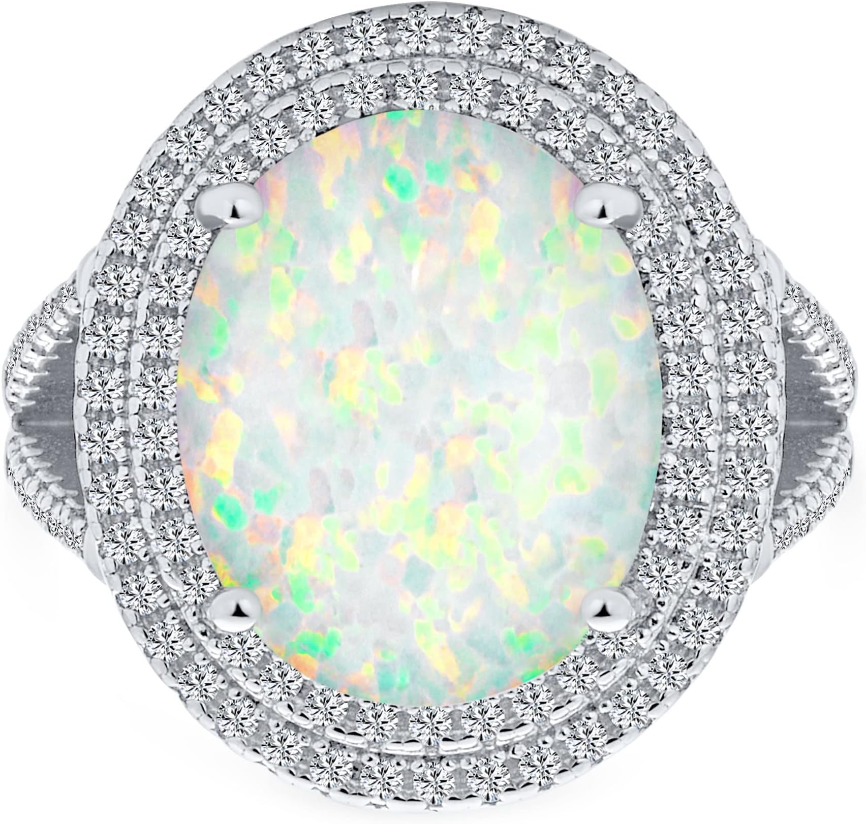 Personalized Big Halo Oval Pear Shape Teardrop Statement 10CT Created White Opal Engagement Ring Cathedral Setting Gemstone Ring For Women .925 Sterling Silver October Birthstone Customizable