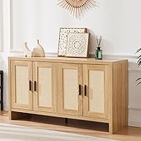 Mericonia Rattan Buffet Cabinet with Storage Doors & Adjustable Shelves - Farmhouse Sideboard for Kitchen, Dining & Living Room