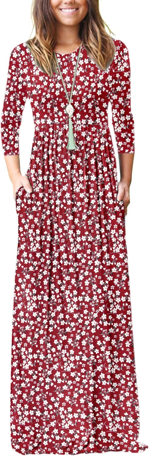 WNEEDU Women's 3/4 Sleeve Casual Loose Long Maxi Dresses with Pocket