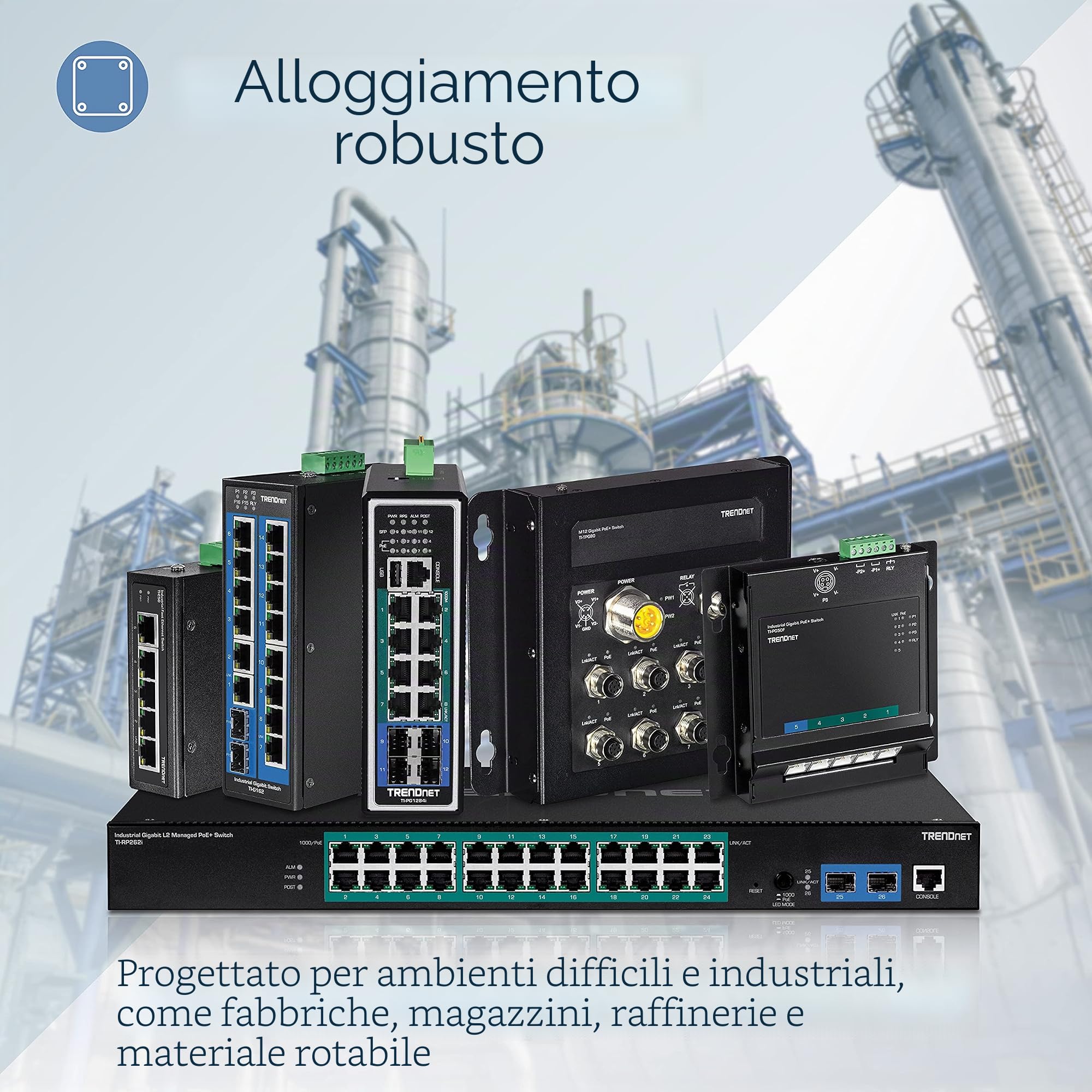 TRENDnet, TI-E50, Switch industriale Fast Ethernet a 5 porte su guida DIN, grado di protezione IP50, intervallo di temperatura operativo estremo, capacità di commutazione di 1 Gbps