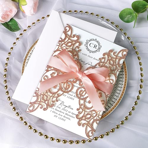 Miniatura 9 de Ponatia - 25 tarjetas de invitación cortadas con láser de 5.12 x 7.1 pulgadas con sobres para bodas, fiestas de compromiso, cumpleaños, dorado rosa