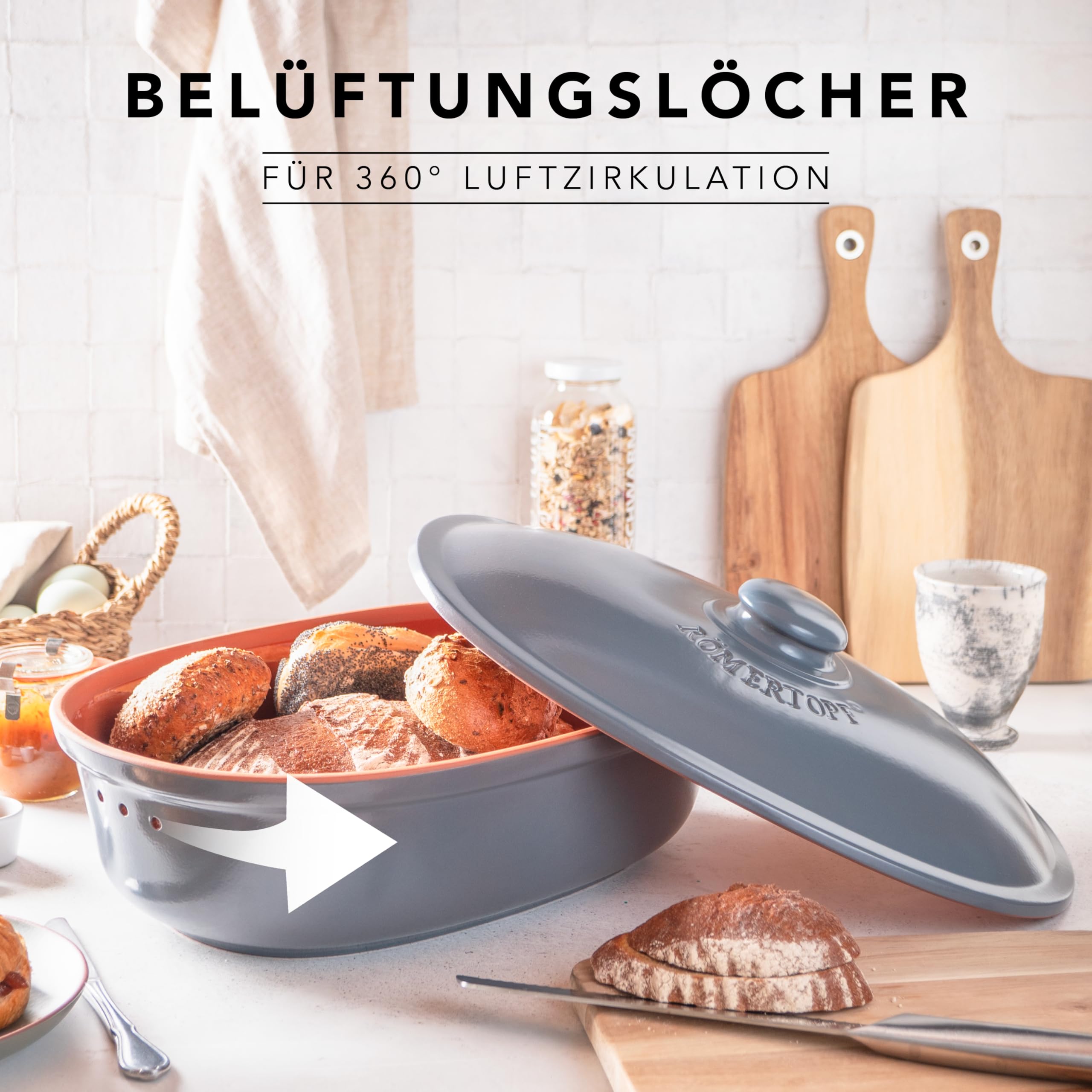 Römertopf Brottopf MAXI aus Naturton – Ovaler Brotbehälter zur Aufbewahrung von Brot & Brötchen – mit Belüftung für lange Frische – spülmaschinengeeignet – 40 x 28 x 20 cm – blau-grau | 40 x 28 x 20 cm, Platz für Baguette und Wochenvorrat, atmungsaktive K