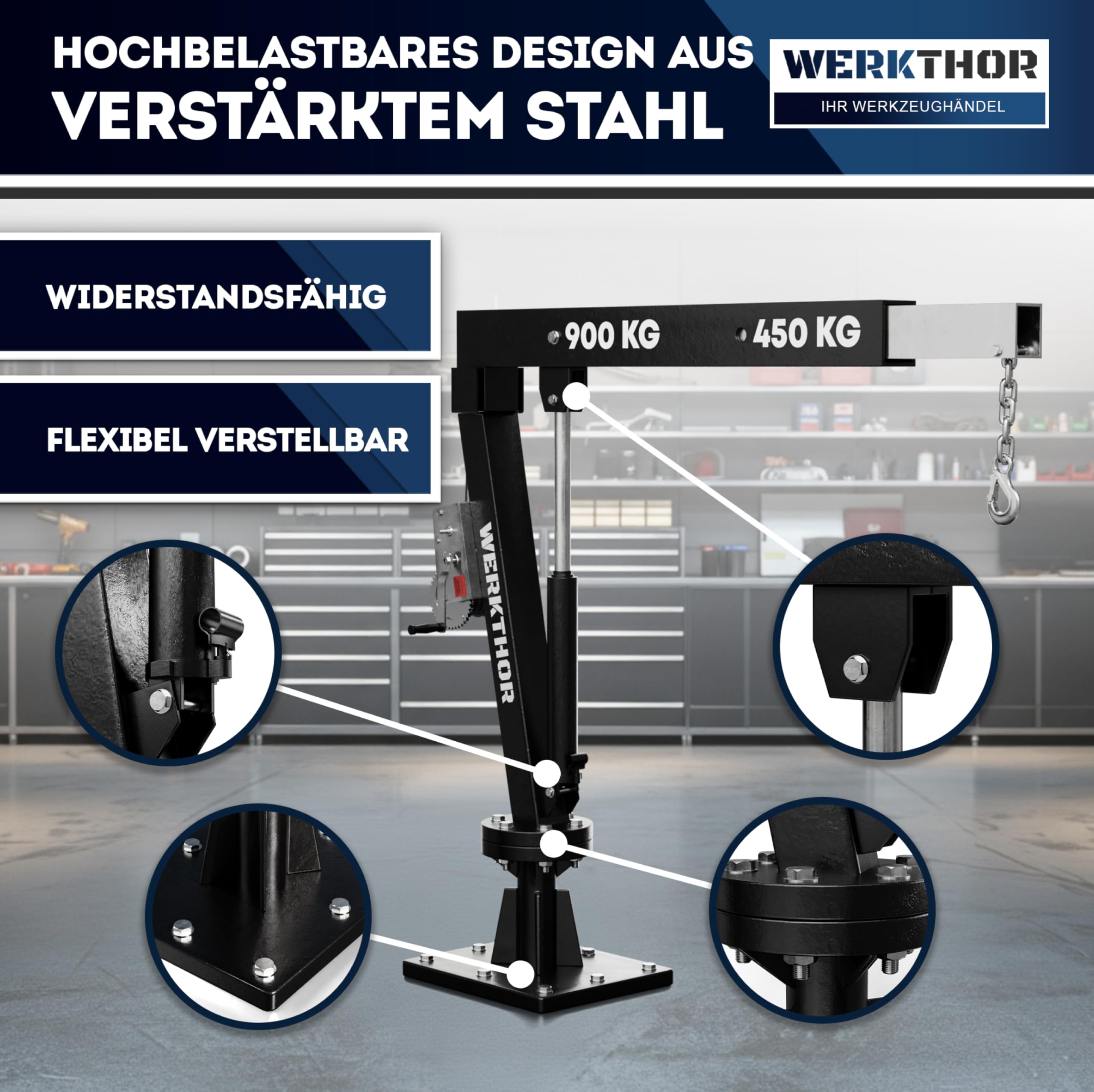 WERKTHOR Gru pickup gru di carico 900 kg con verricello e idraulico, gru pick up per rimorchio e piano, girevole a 360°, mini gru con materiale di montaggio e base solida, nero