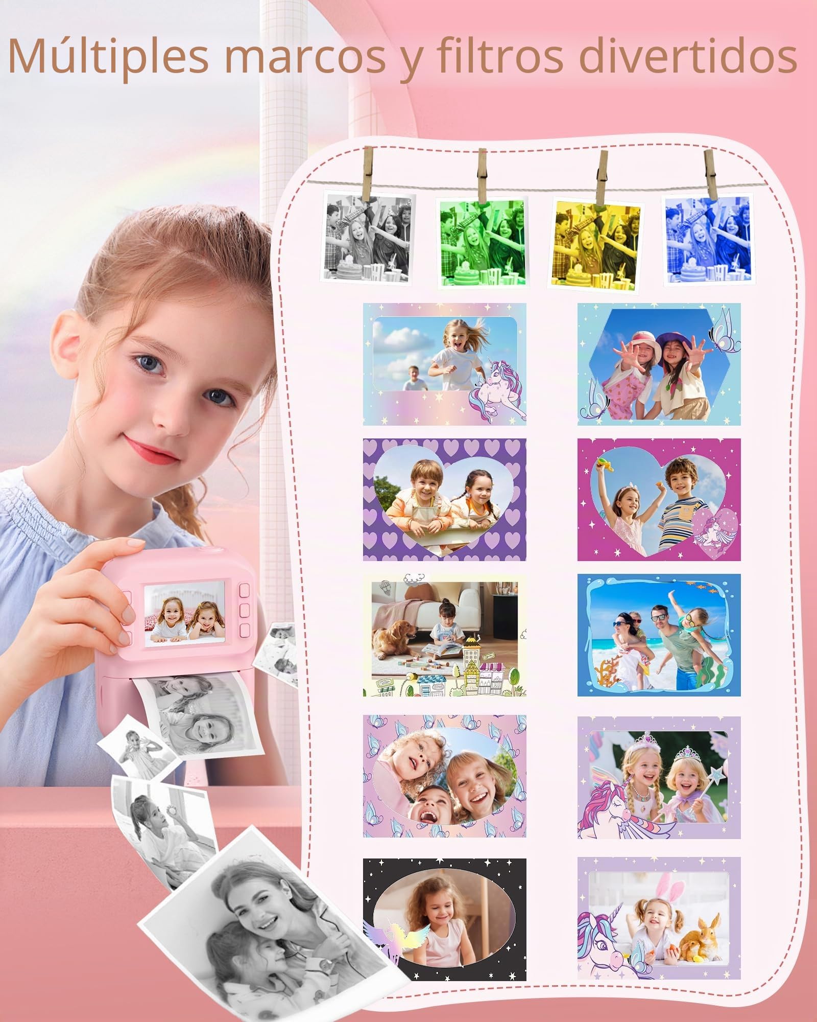Camara de Fotos Instantaneas, Pantalla HD de 2.4 Pulgadas, Resolución de 48 MP, Vídeo HD 1080p, Incluye 32 GB Tarjeta y 3 Rollos de Papel Fotográfico, Ideal para Niños de 3 a 12 Años (Rosa)