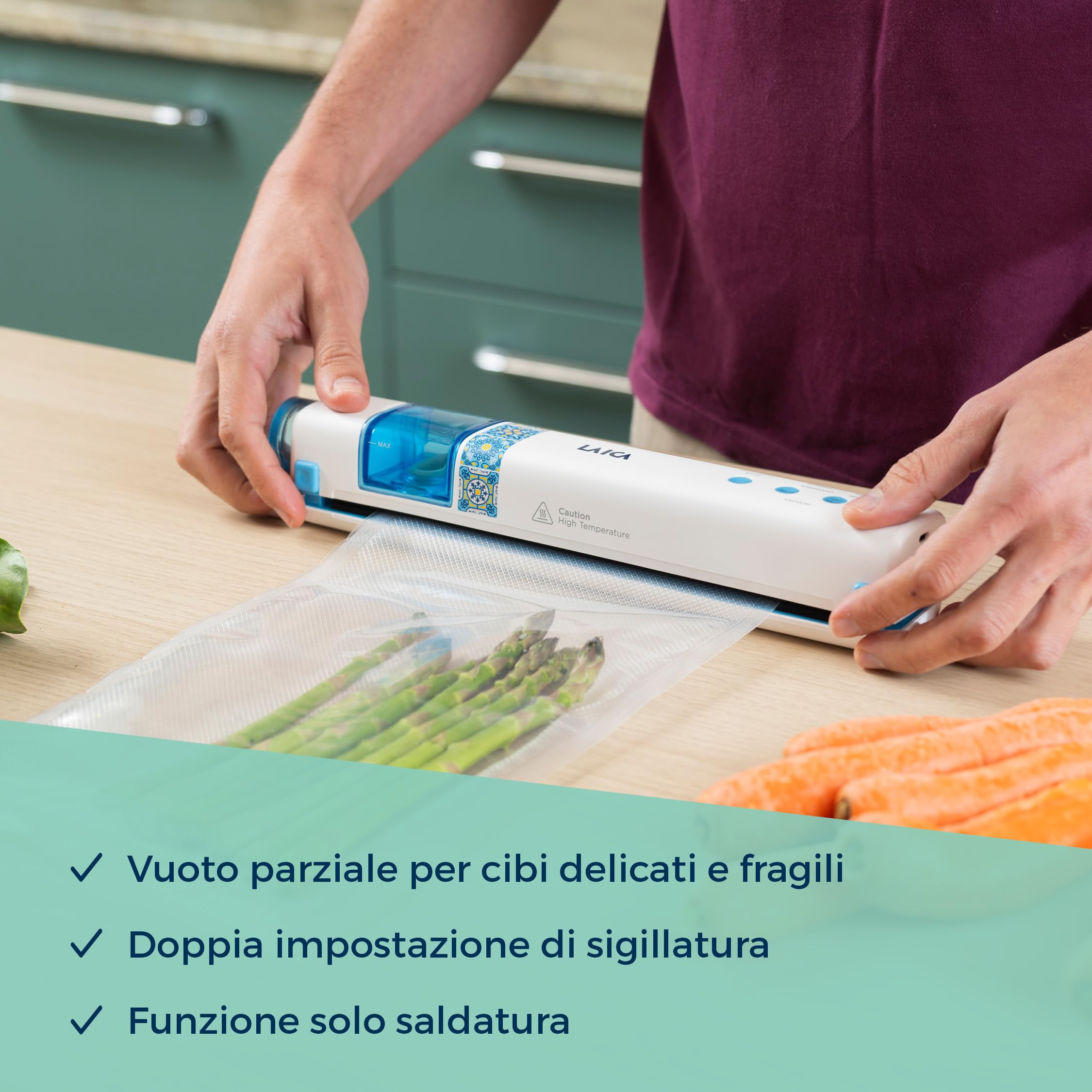 LAICA VT3206 Macchina Sottovuoto Alimenti Senza Fili - Automatica e Compatta, Ricarica USB-C - Conserva i Cibi Fino a 5 Volte Più a Lungo - Camera Raccogli Liquidi, Taglierina e Rotolo Inclusi