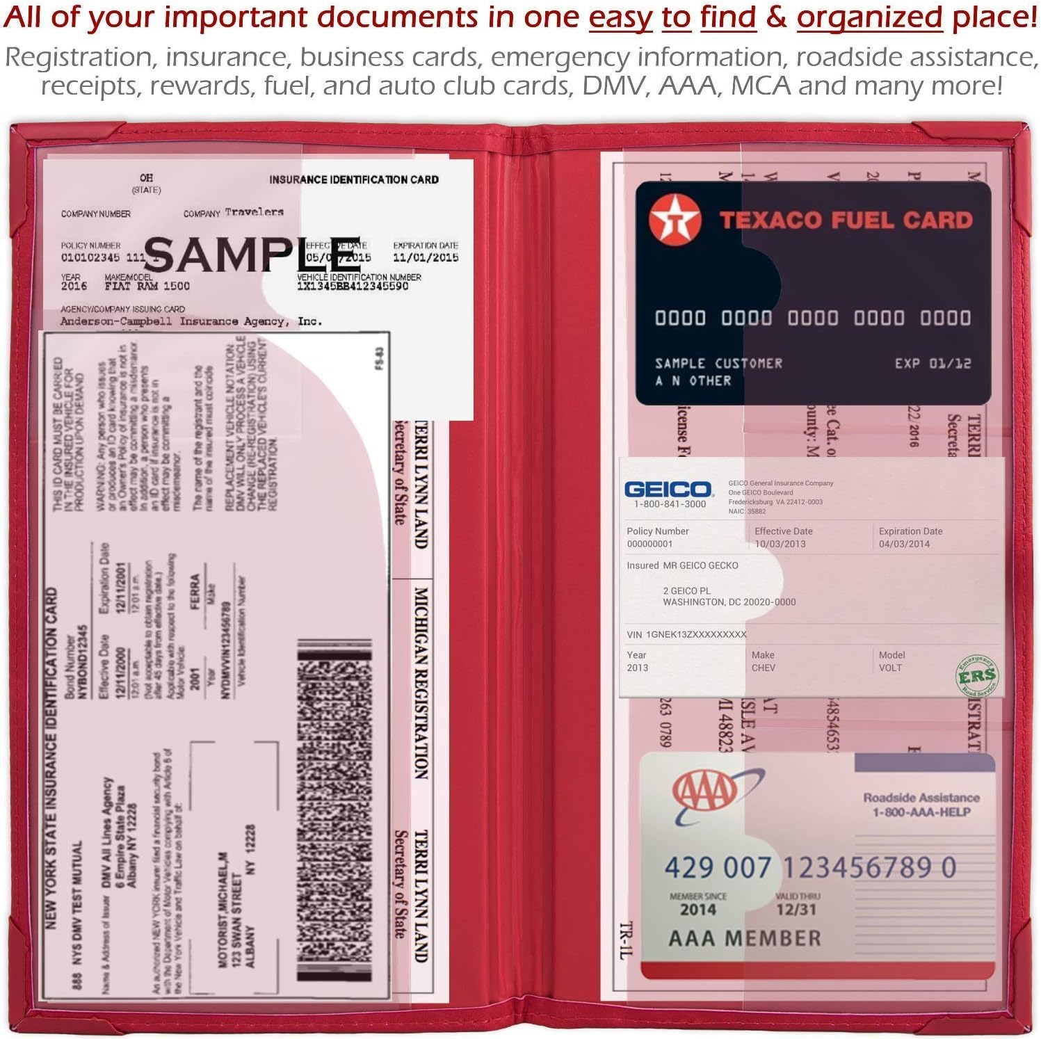 Auto Insurance and Registration Card Holder - Vehicle Glove Box Document Organizer - Car Essential Paperwork Holder for DMV, AAA, Contact Information Cards - BLACK + RED + BLUE + BEIGE BUNDLE