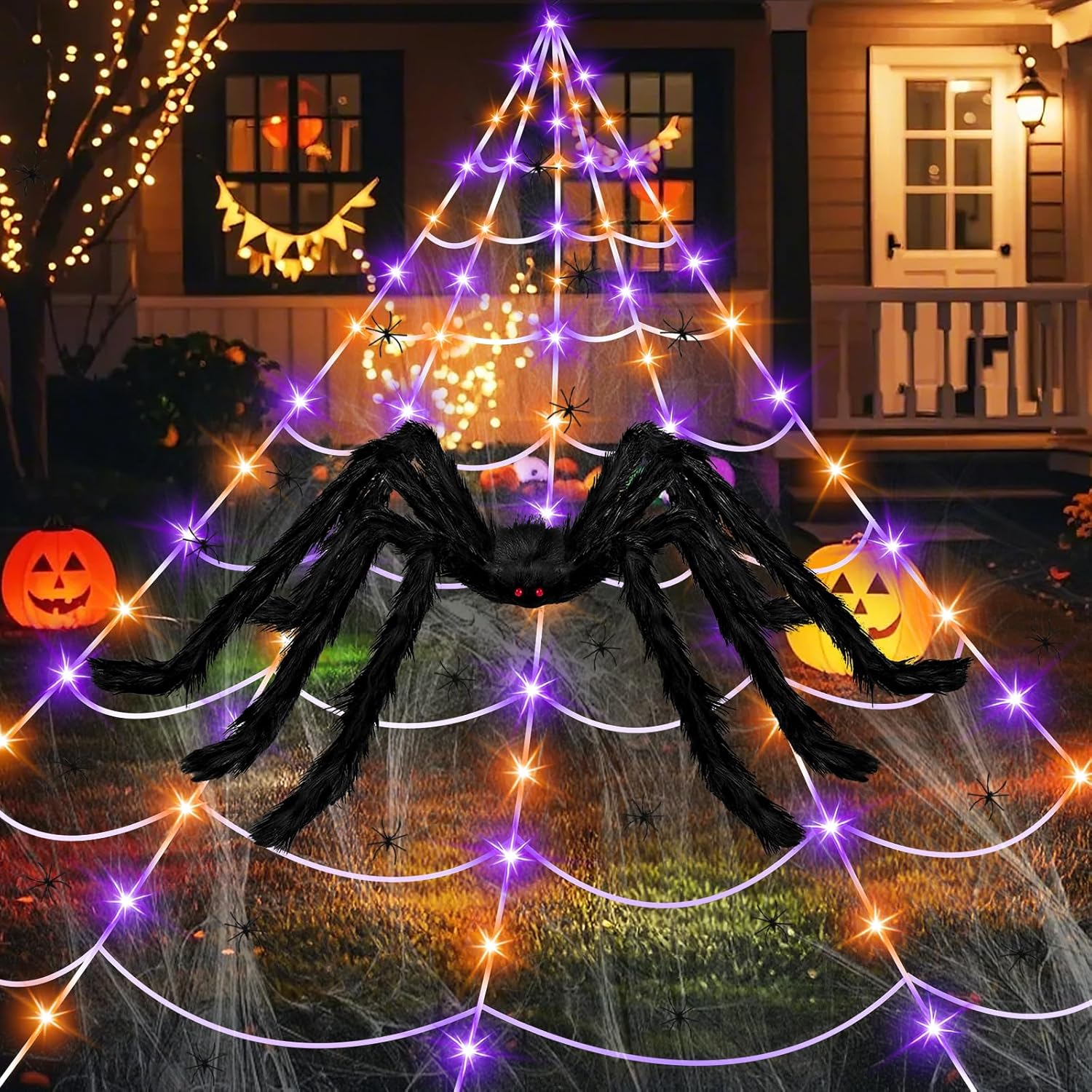16.4ft Halloween Decorations Spider Web Lights with Remote Control 6.5ft Giant Spider 40g Stretch Cobweb and 22 Mini Spiders for Yard House Garden Outdoor Indoor Party Haunted Decor