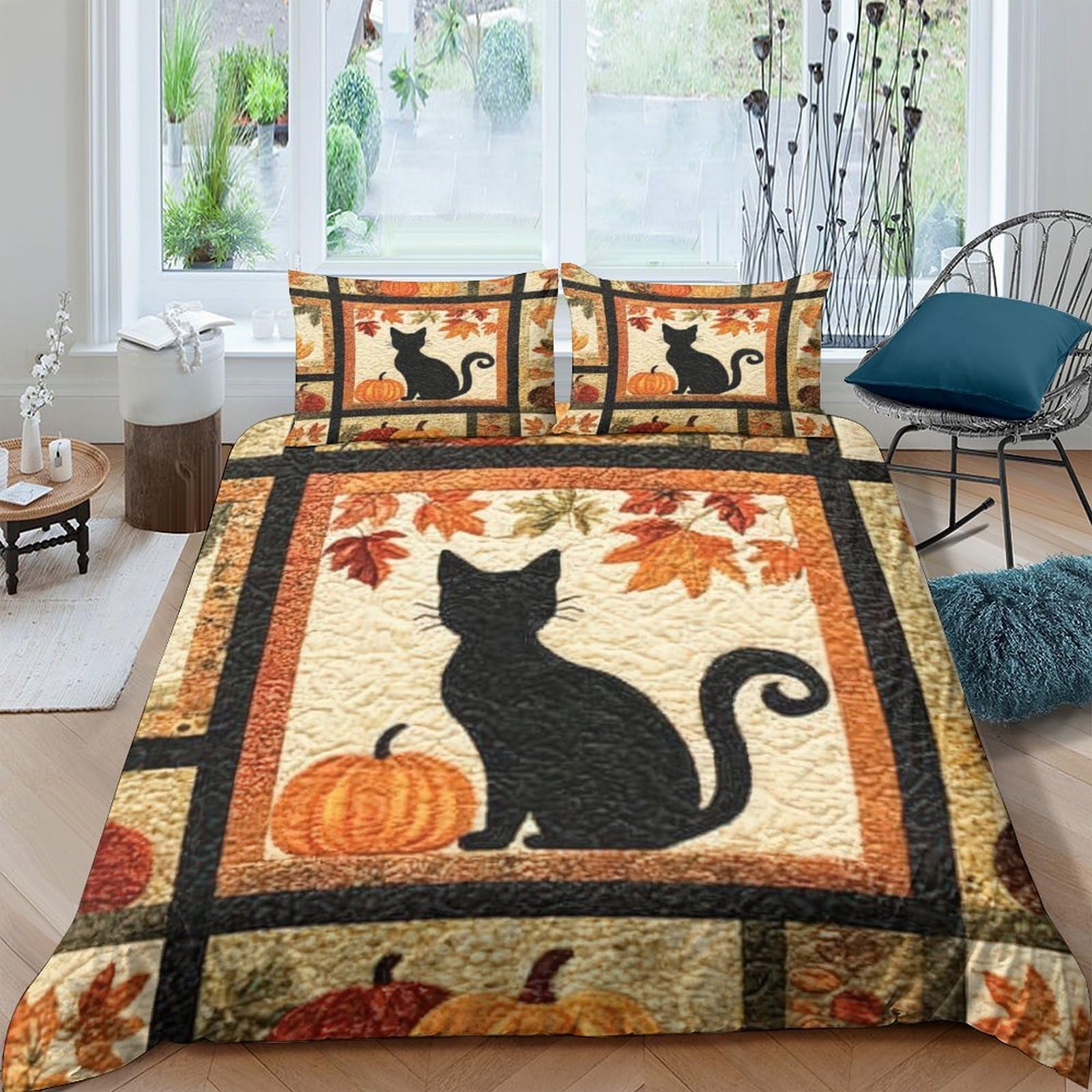 Ctjqhvkz Style-3 3D Printed Autumn Cat Fitted Sheet Microfiber Cozy Pumpkin Leaves Mattress Cover For Bedroom Dorm Decor Single（135X200cm）