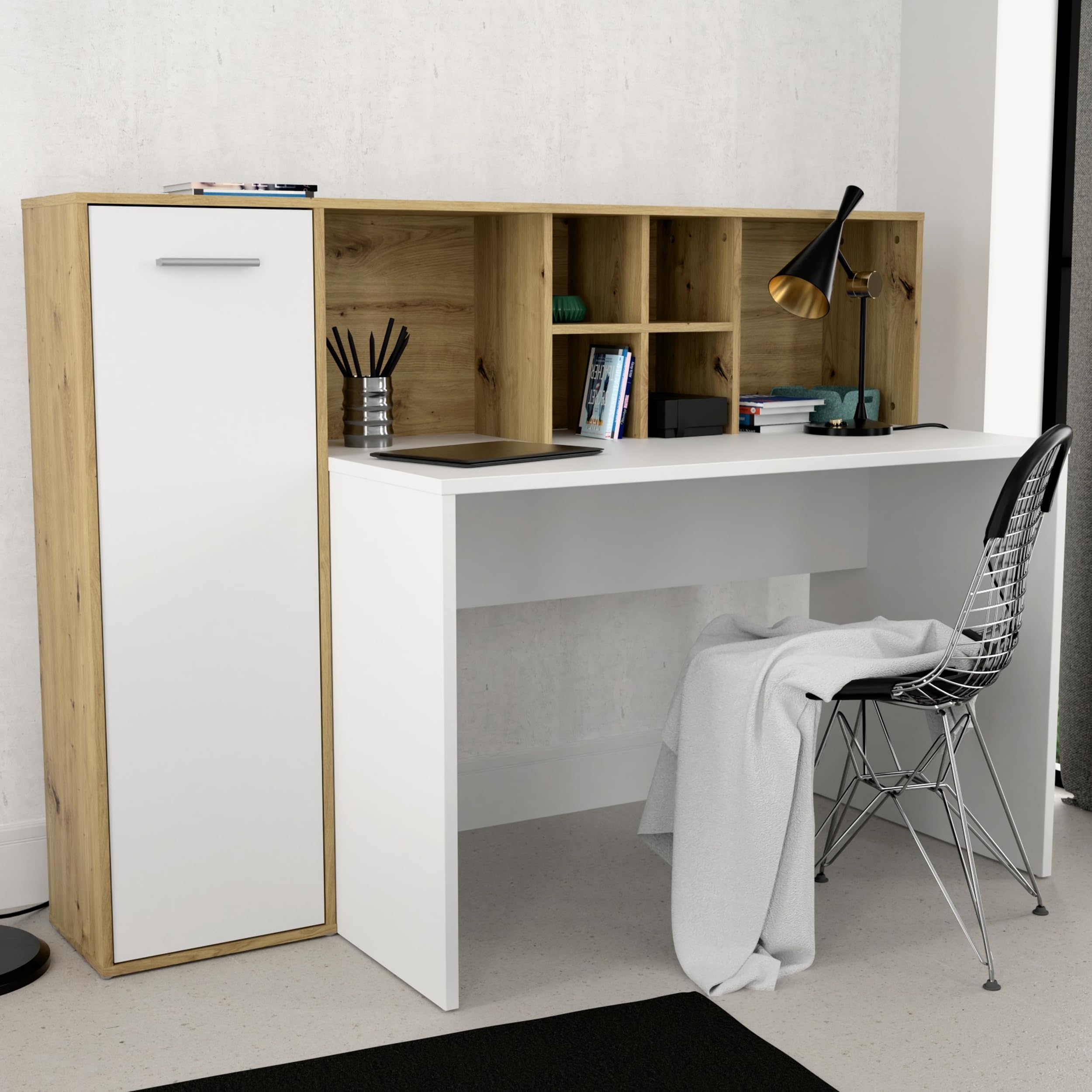 Forte ERIADU Schreibtisch 158 cm – Weiß mit Artisan Eiche Dekor, Stauraum & Schranktür