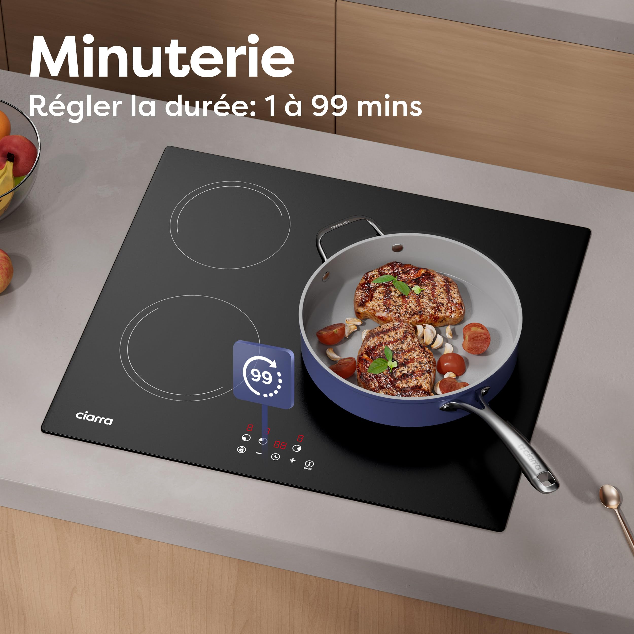 CIARRA Plaque de Cuisson à Induction - 3 Foyer 5600W - Table de Cuisson Encastrable - Commande Tactile - 9 Niveaux - CABBIH3-E