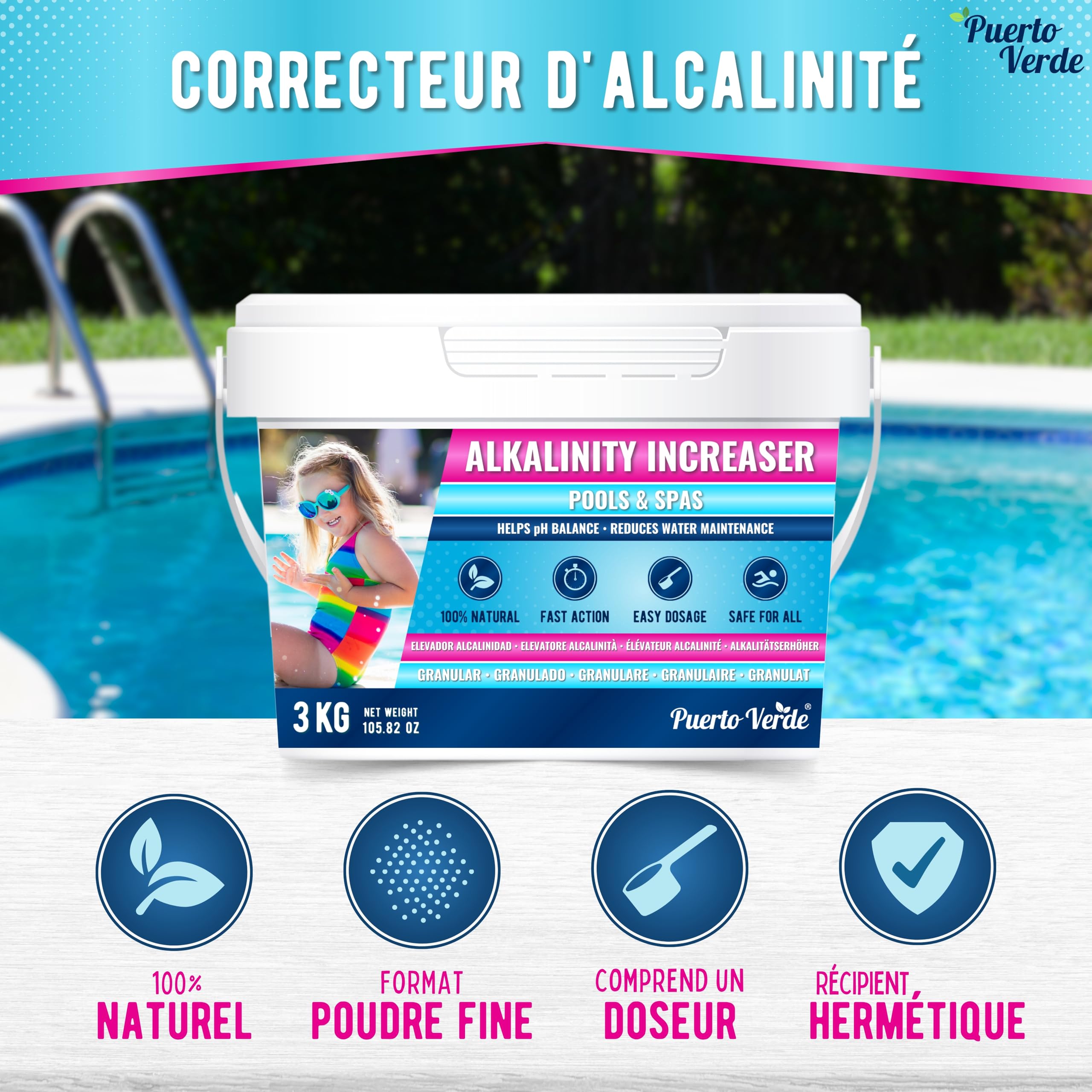 • Correcteur Alcalinité pour Piscine 3 Kg. Augmente l'Alcalinité Totale (TAC) et Corrige Le pH. Action Rapide et Efficace. Format Poudre Sûr pour Toute la Famille. Production Européenne.