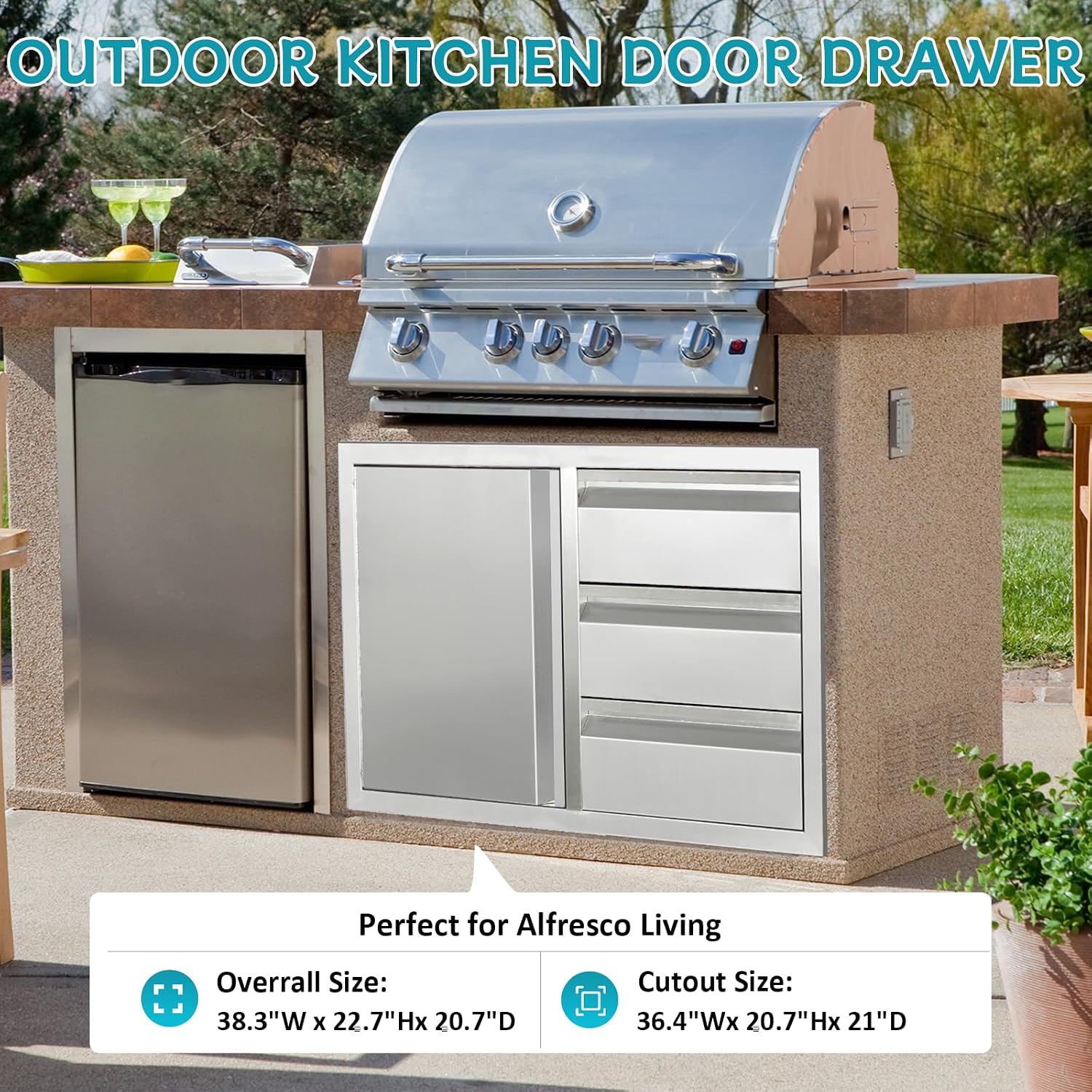 Outdoor Kitchen Door Drawer Combo Cabinet,38.1W x 22.6H x 20.8D Stainless Steel with Handles,Triple Drawers & BBQ Access Combo for Outdoor Kitchen Island (Drawer and Left Door Combo)