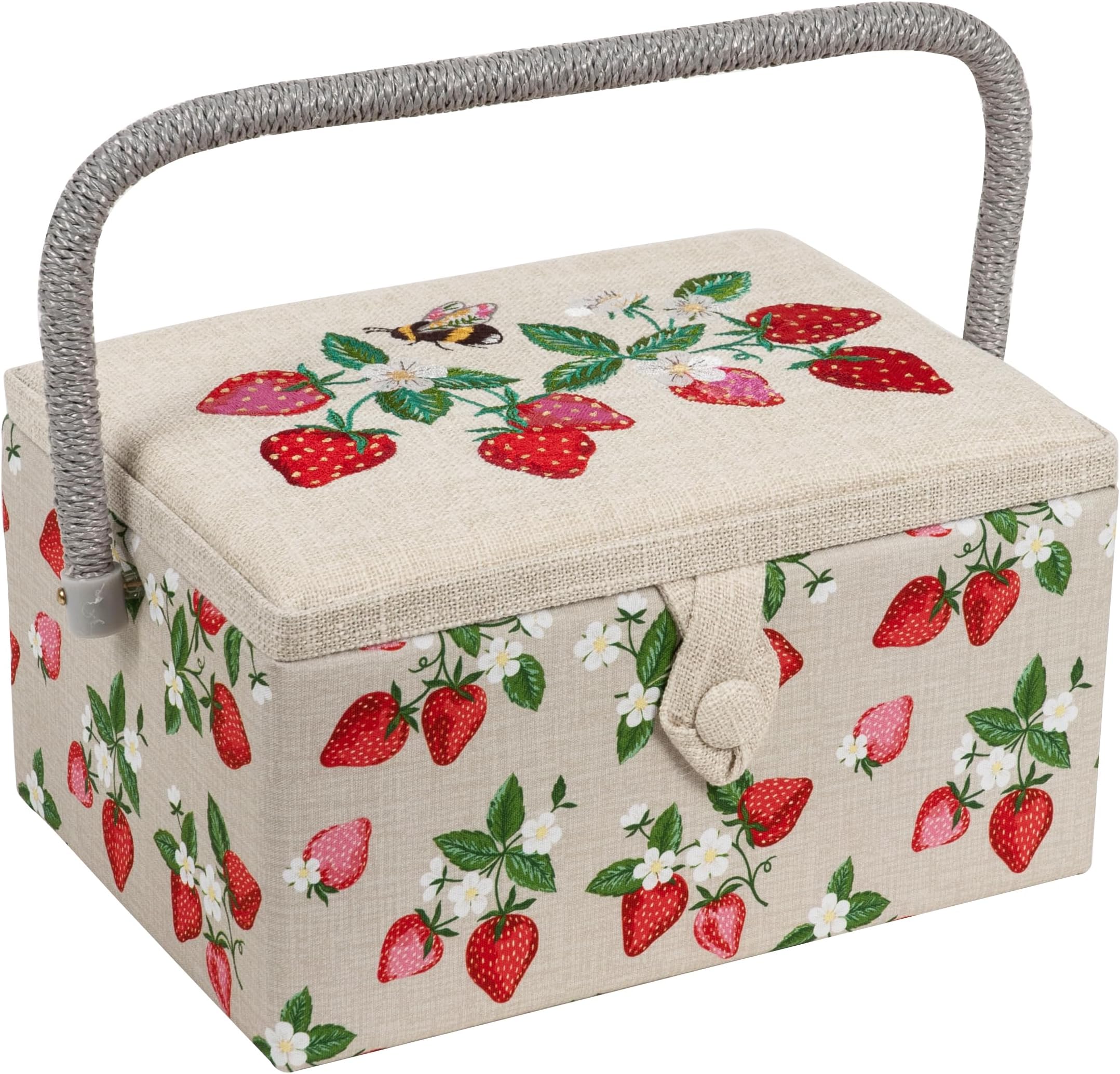 Hobby Gift Exclusive Medium Sewing Craft Hobby Storage Box, Accessories Tray Pin Cushion Pocket PVC Handle Embroidered Lid 18.5 x 25.5 x 14.5cm, Embroidered Strawberries