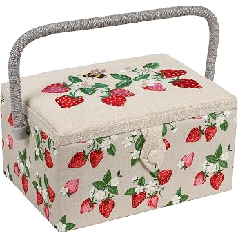 Hobby Gift Sewing Box Medium with Handle - Cotton Sewing Basket with Compartments for Sewing Accessories & Tools - Storage Box for Handmade - 18.5 x 25.5 x 14.5 cm Embroidered Strawberry