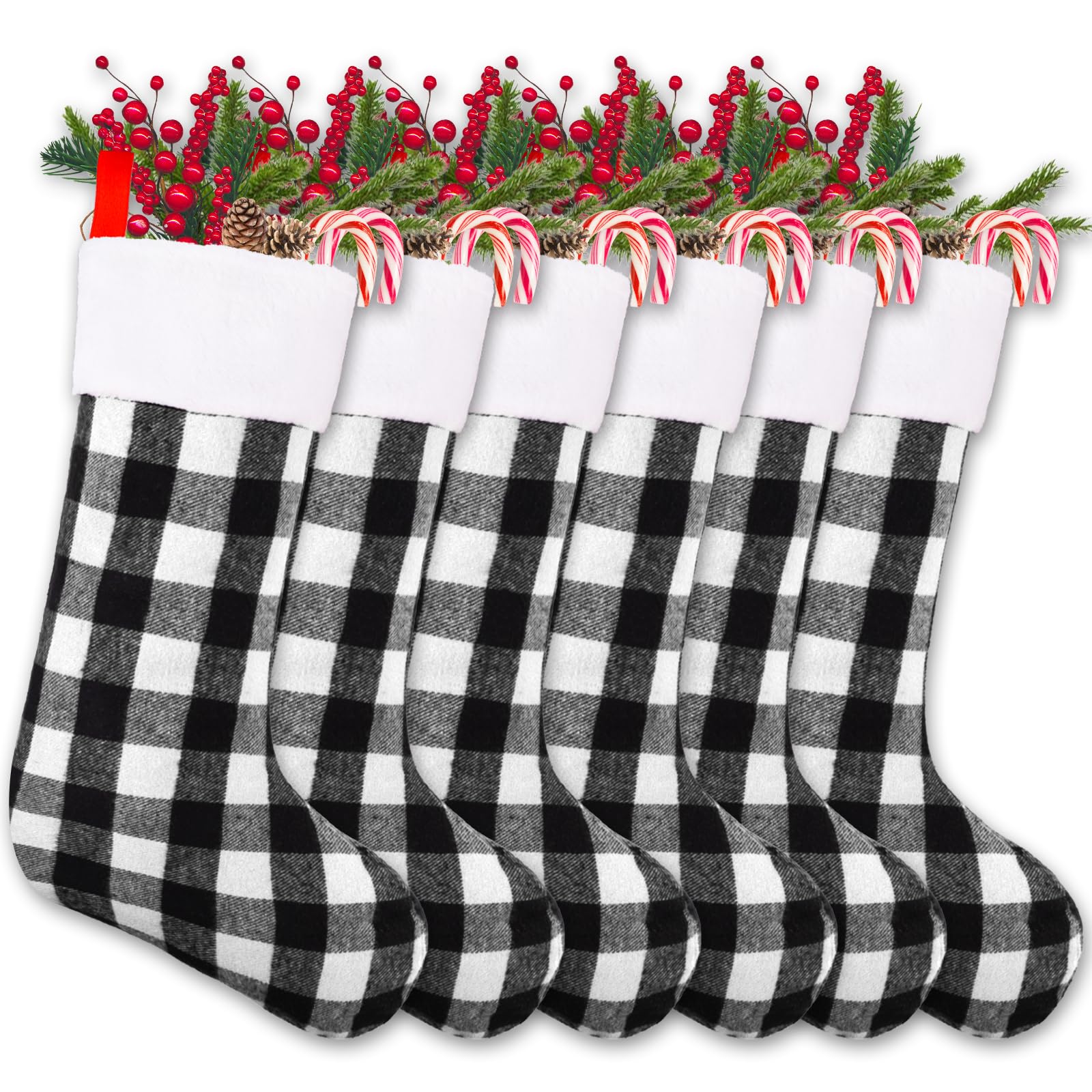 YUJUN 6 Pack 22 Inches Christmas Stockings, Xmas Large Black White Buffalo Plaid Hanging Stockings Decorations for Christmas Tree Fireplace Family Holiday Party Decor