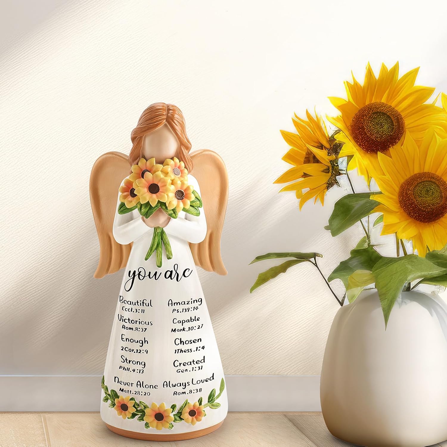 Sunflower Gift for Women,Christian Figurines for Women,Spiritual Gifts for Her,Religious Gift for Friends,Angel Holding Sunflowers Figure for Teacher,Get Well Healing Statue,Mother's Day Gift for Mom - Image 3