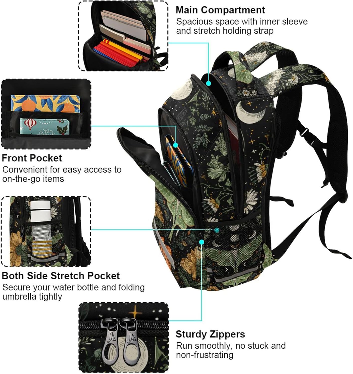 MNSRUU Laptop Backpack with Chest Strap, Green Moth School Backpack, Travel Hiking Bag for Boys Girls Teen College Adult, Rucksack Knapsack