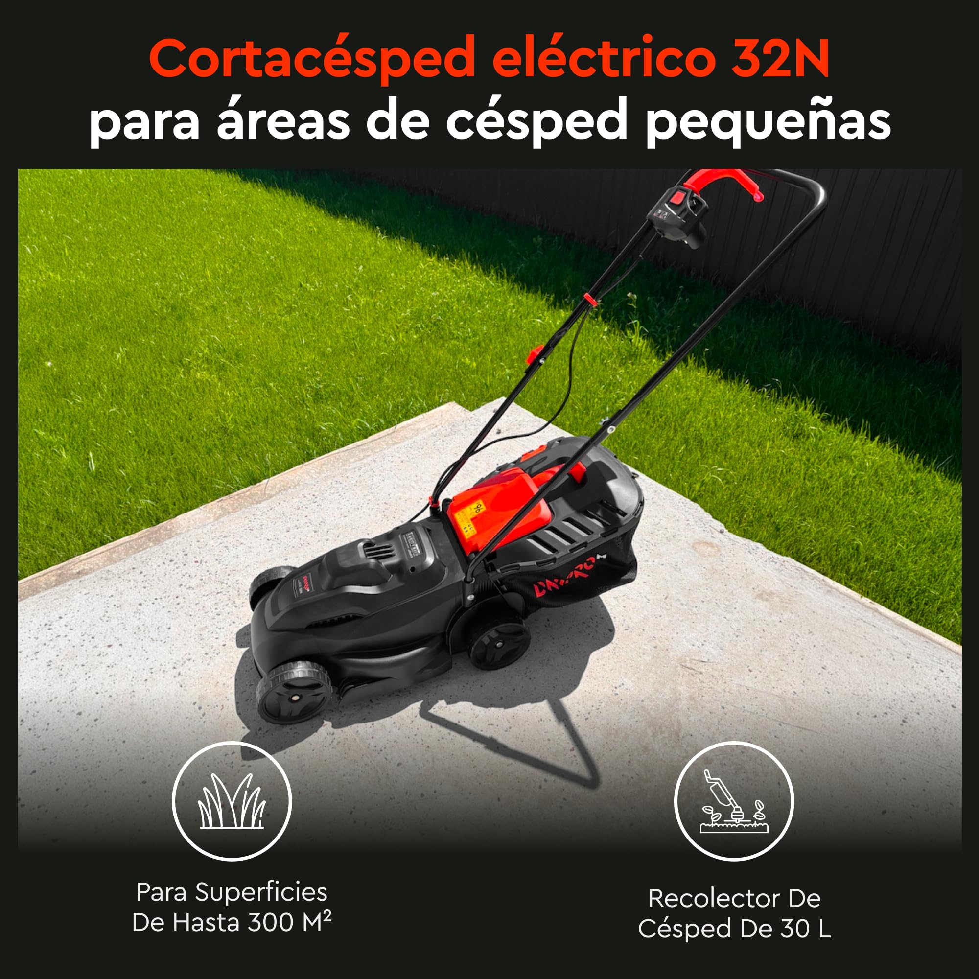 Cortacésped Eléctrico de 1000W, Ancho de Corte 32 cm, 3 Alturas de Corte 25–65 mm, Recogedor 30 L con Indicador, 6,4 kg, IPX4, Manillar Plegable - 32N