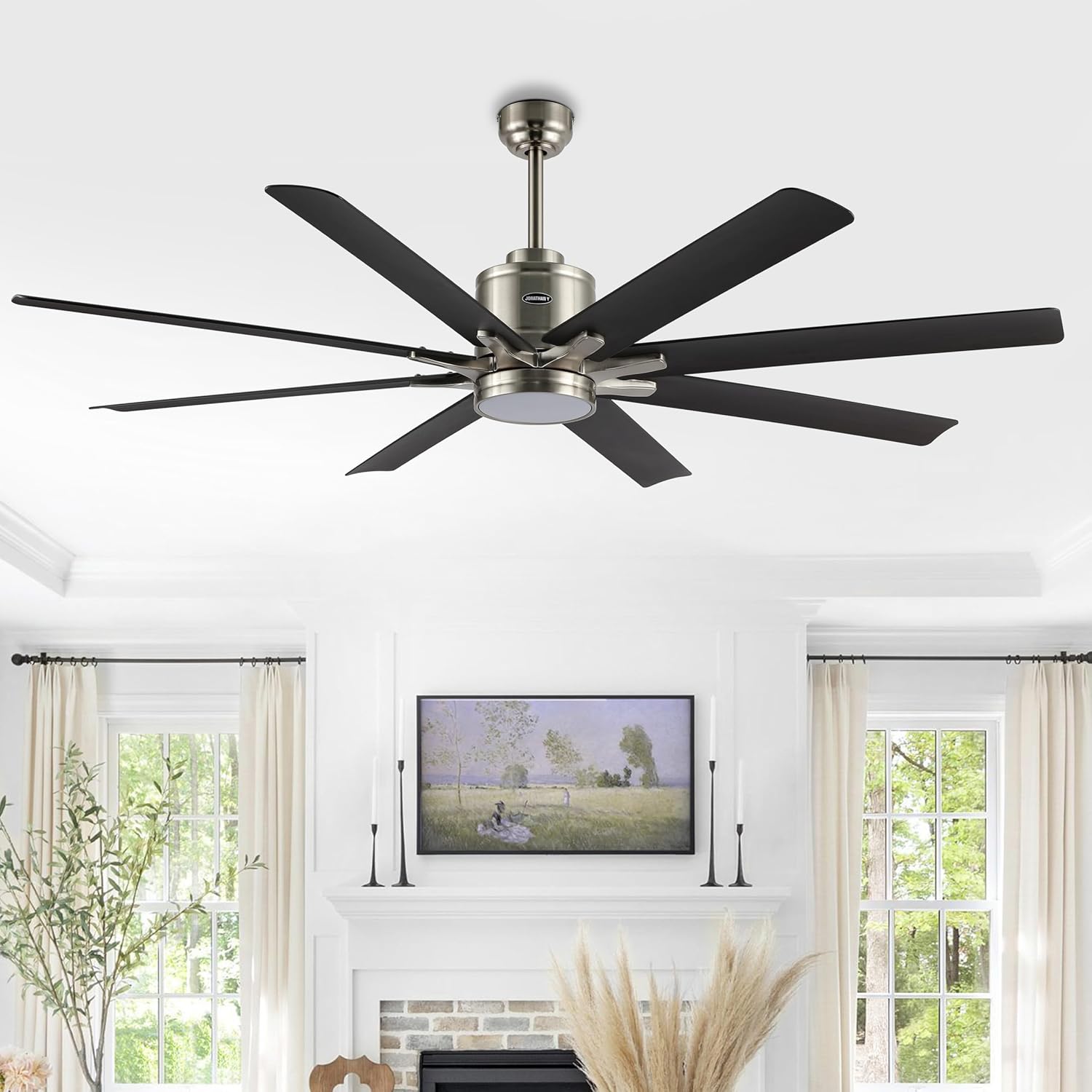 JONATHAN Y 66" Nickel/Dark Brown Wood Finish Modern Industrial Ceiling Fan with LED Light, 6-Speed Smart Fan with App and Remote Control, White Acrylic Shade, Large Slope-Compatible Fan (JYL9712B)