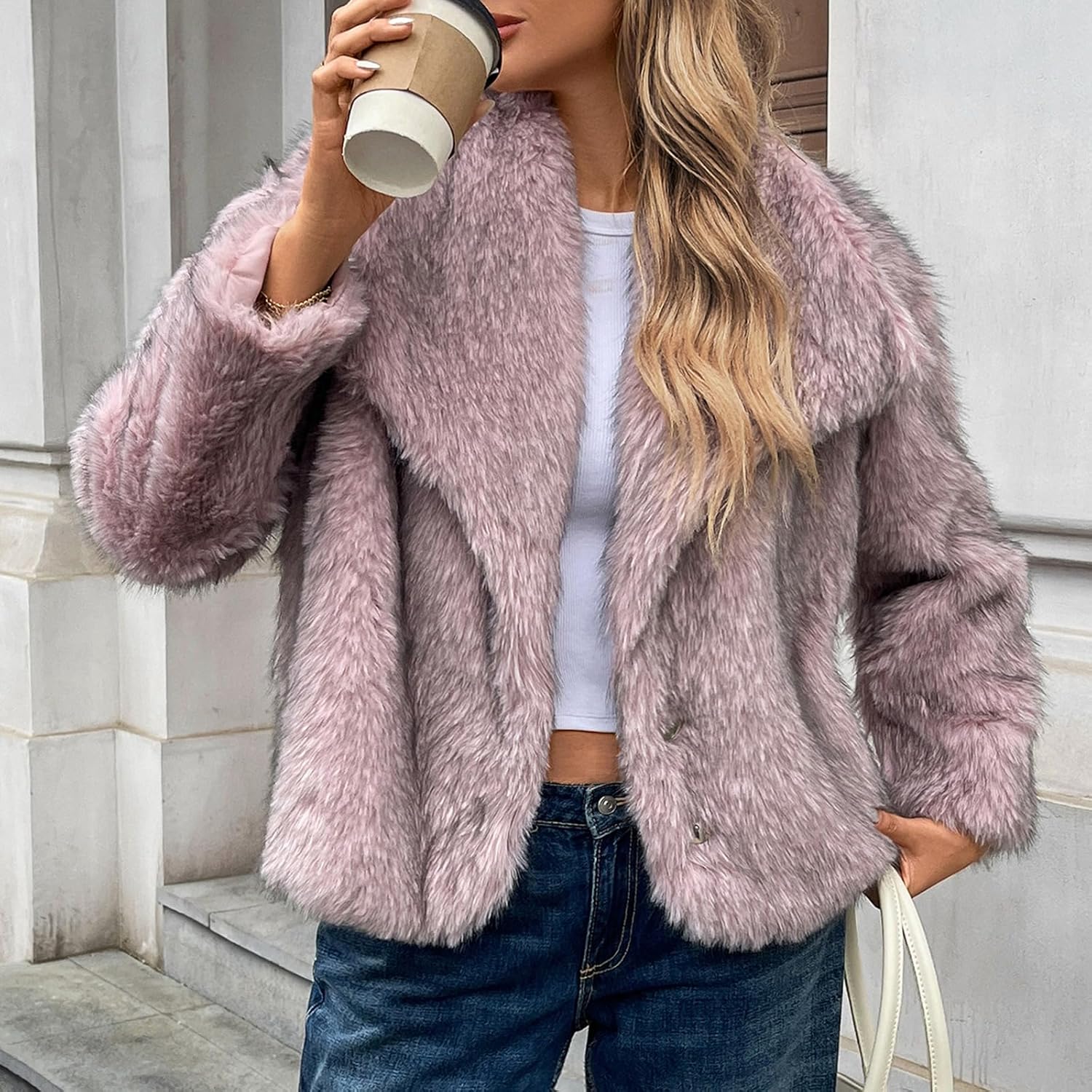 WOWULOVELY Women's Faux Fur Coat Lapel Fluffy Faux Fur Jacket Long Sleeve Furry Overcoat Winter Warm Shaggy Parka - Image 4