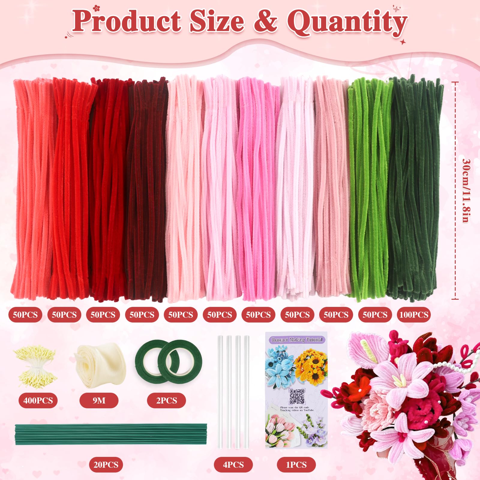 Lot de 600 cure-pipes artisanaux, 11 couleurs assorties, tiges chenille pour fabrication de fleurs avec fils floraux, ruban de jardinage, étamines et ruban